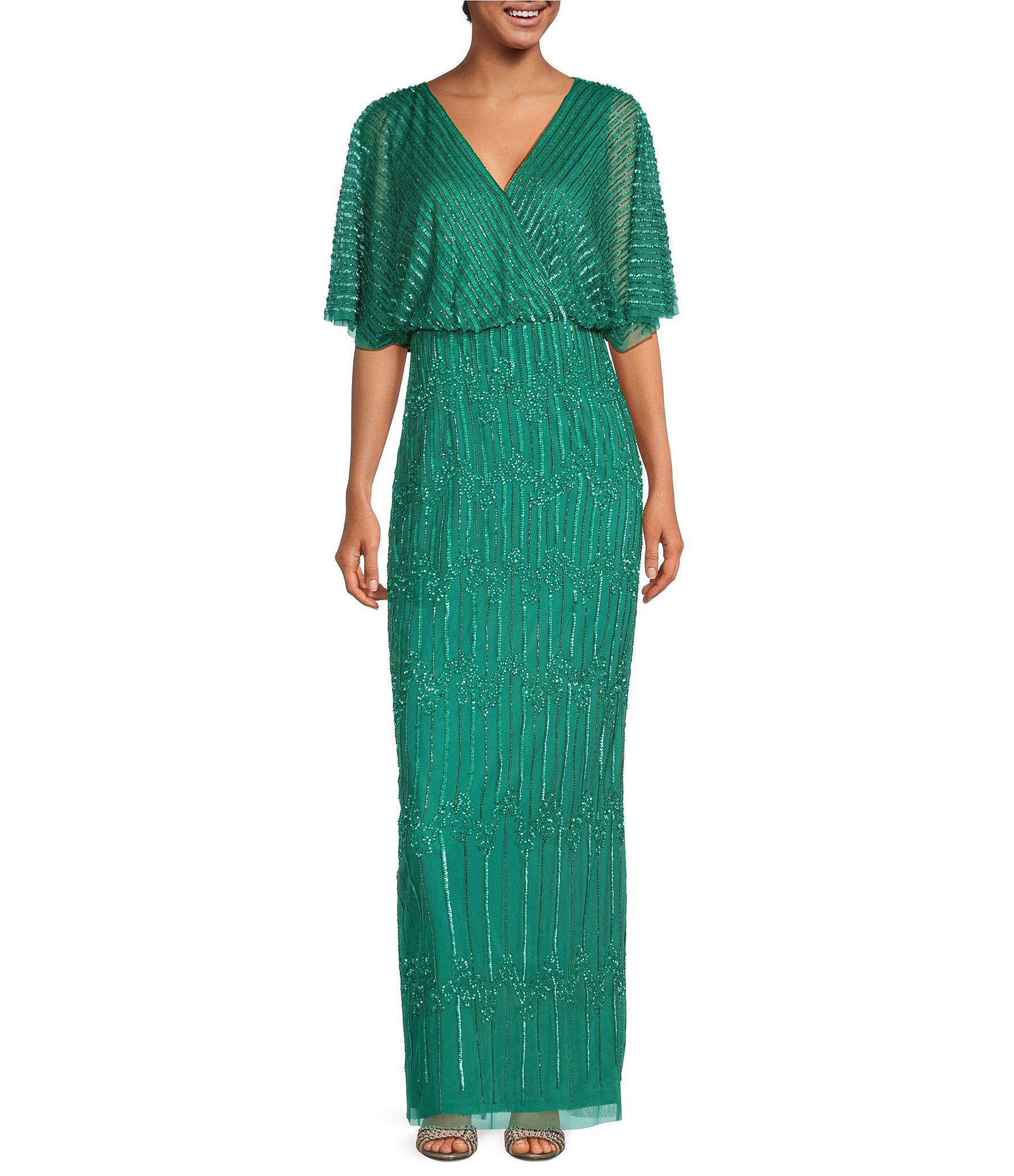 Adrianna Papell Petite Size Short Flutter Sleeve Surplice V Neck Beaded Mesh Gown Dillard s