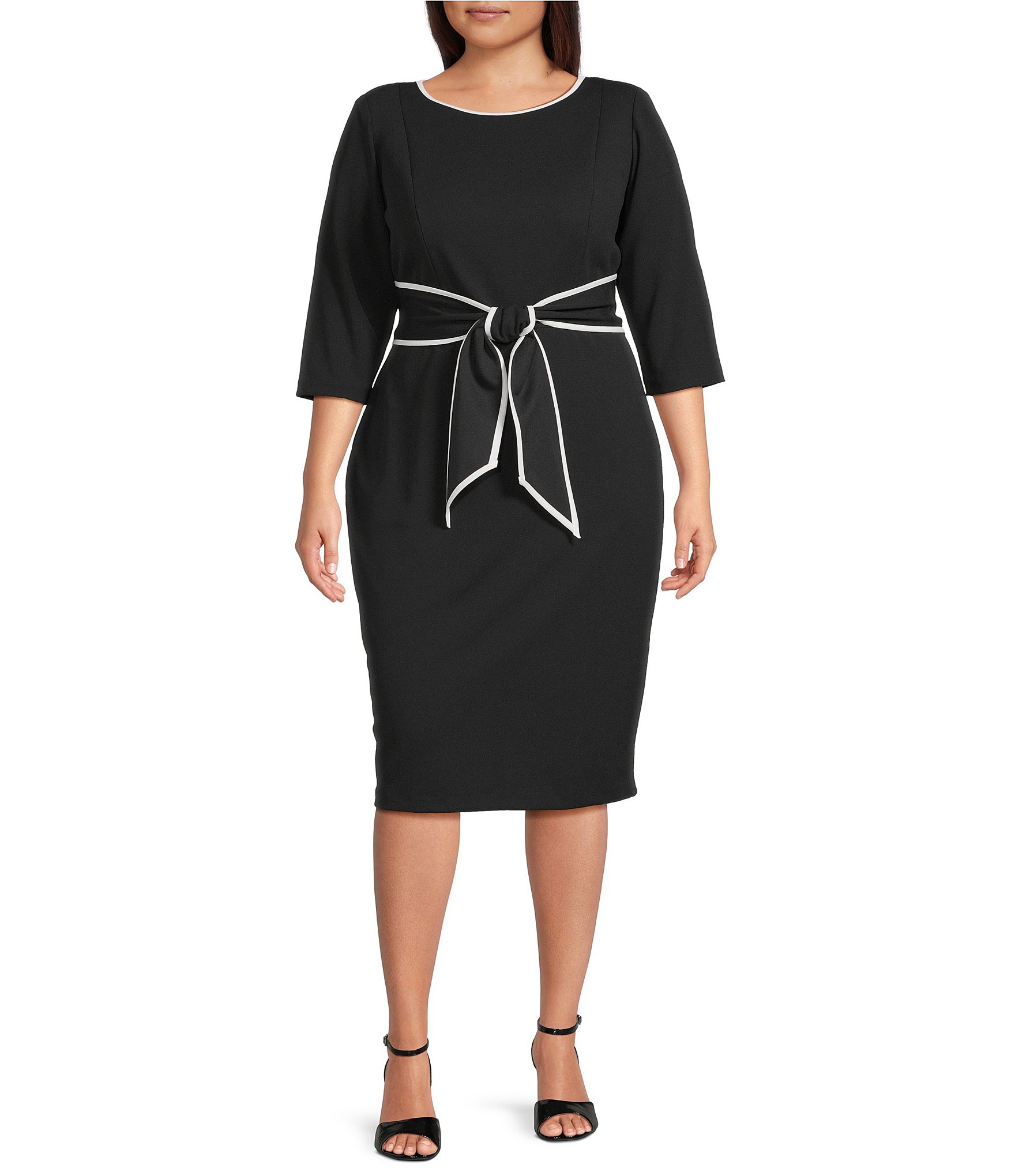 Adrianna Papell Plus Size Crew Neck 3/4 Sleeve Crepe Tie Waist Sheath Dress