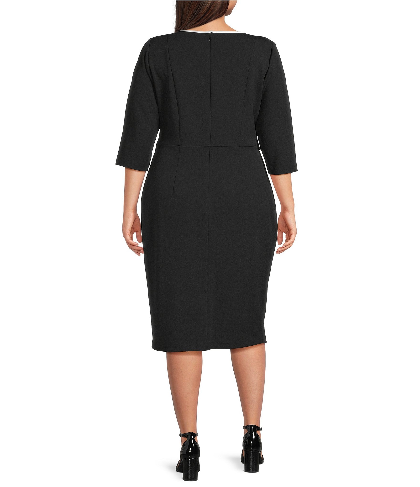 Adrianna Papell Plus Size Crew Neck 3/4 Sleeve Crepe Tie Waist Sheath Dress