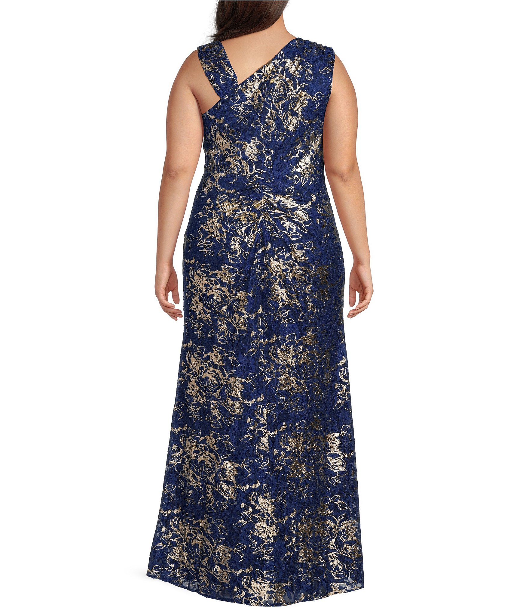 Adrianna Papell Plus Size Asymmetrical Neck Metallic Lace Gown