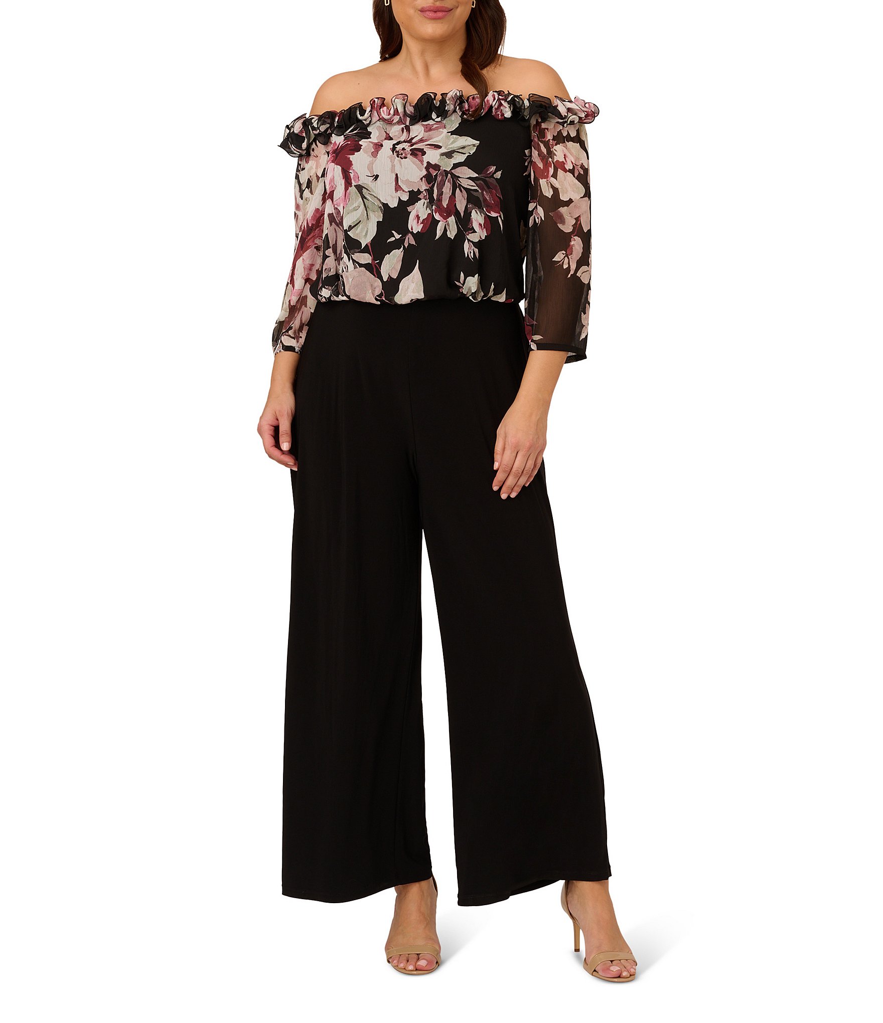 Adrianna Papell Plus Size Floral Print 3/4 Sleeve Off-the-Shoulder Neck ...