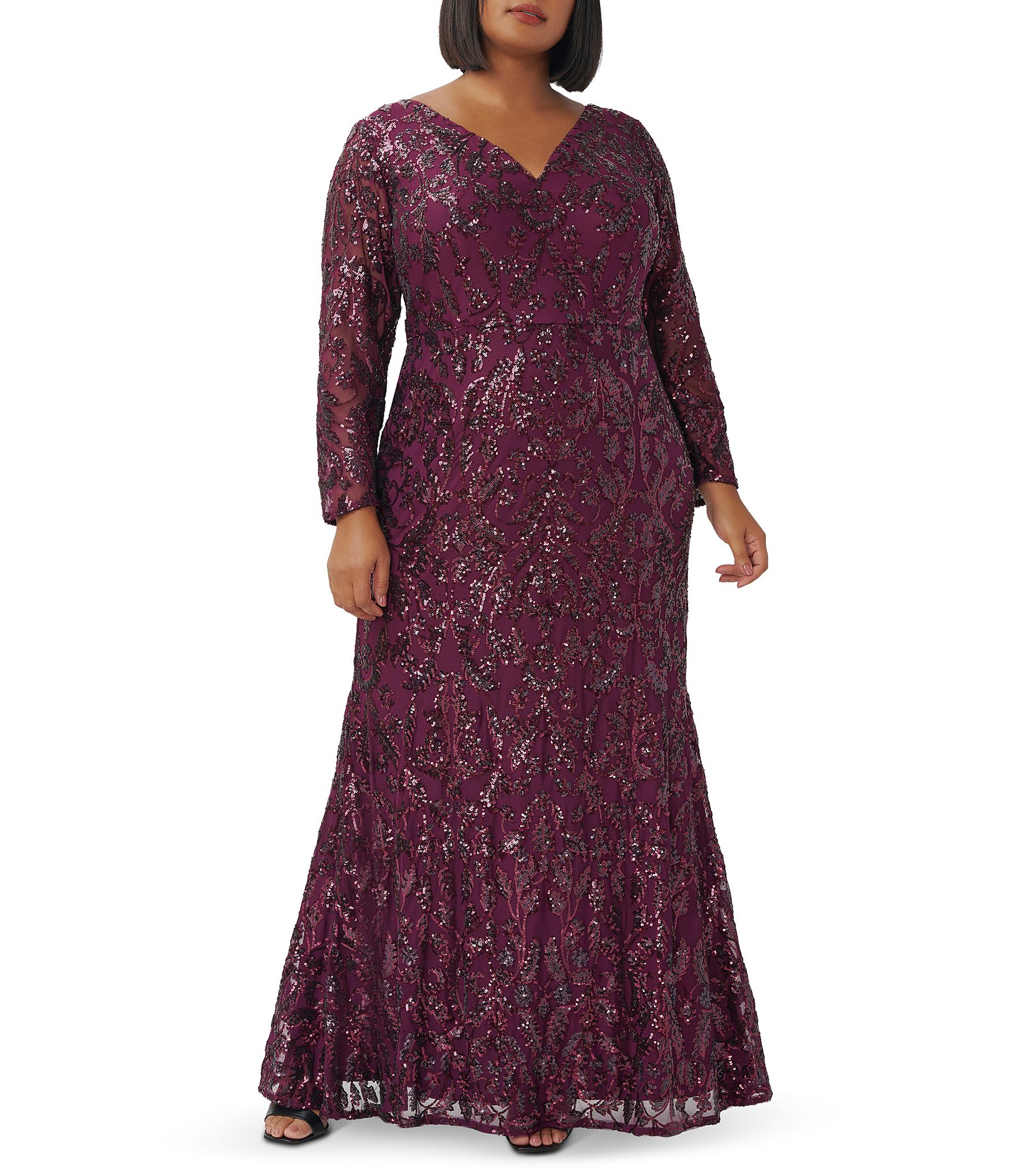 exterior Recurso Otros lugares Adrianna Papell Plus Size Long Sleeve Stretch Sequin V-Neck A-Line Gown |  Dillard's