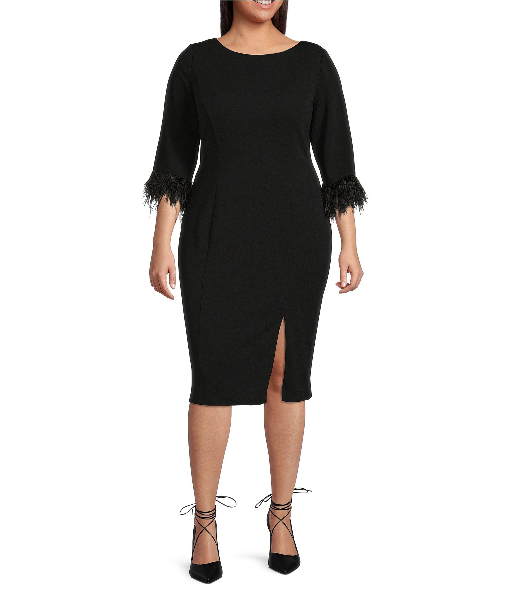 Adrianna Papell Plus Size Round Neck 34 Feather Trimmed Sleeve Front Slit Crepe Sheath Dress 3572