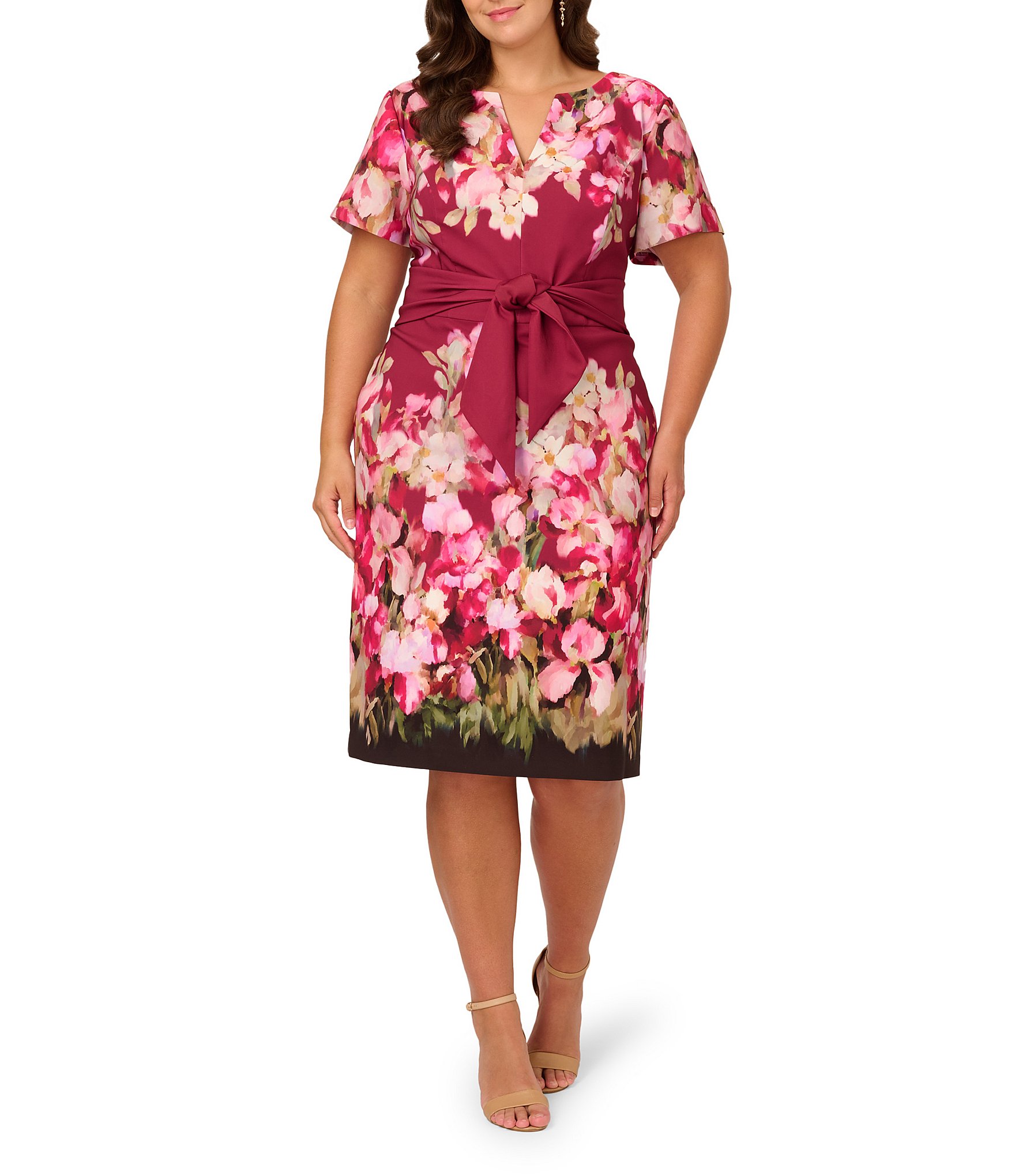Adrianna Papell Plus Size Short Sleeve Floral Print Tie Front Sheath Dress