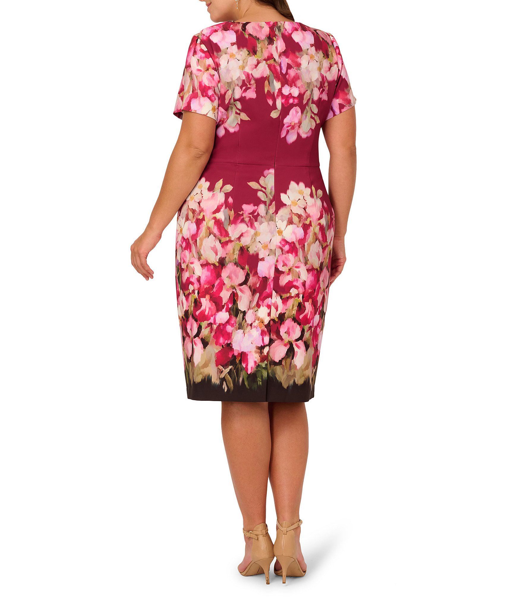 Adrianna Papell Plus Size Short Sleeve Floral Print Tie Front Sheath Dress