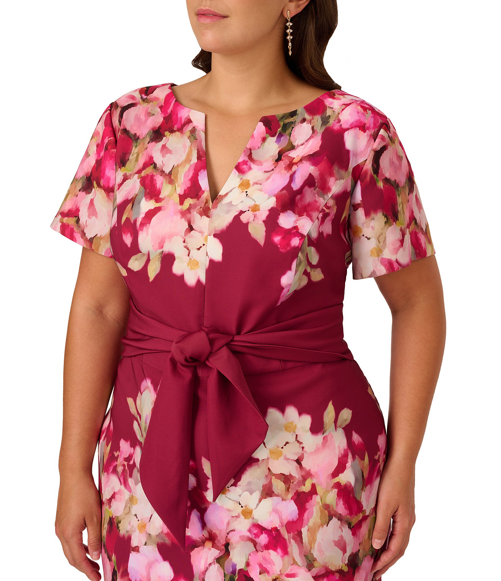 Adrianna Papell Plus Size Short Sleeve Floral Print Tie Front Sheath Dress