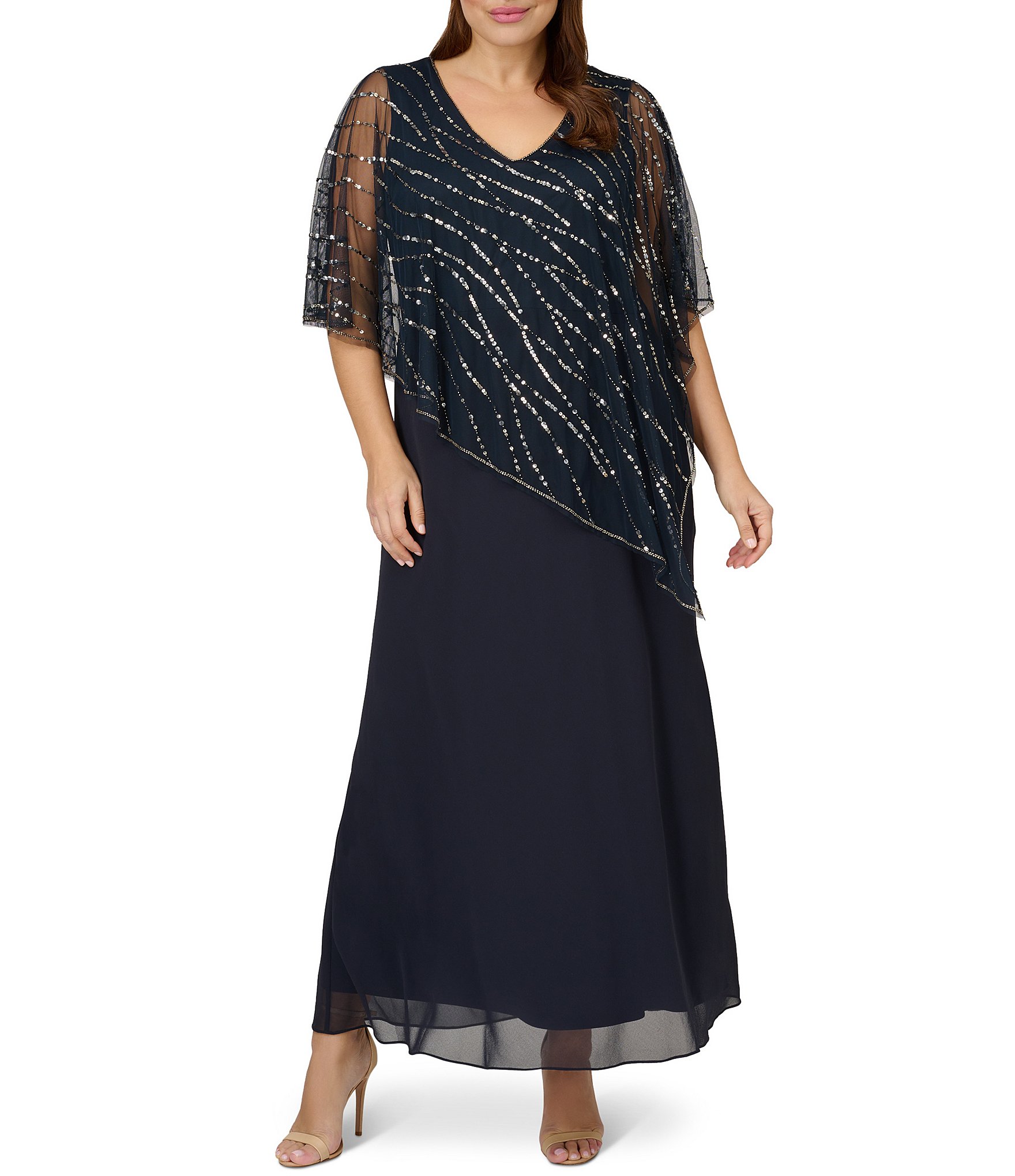 Adrianna Papell Plus Size Sleeveless V-Neck Beaded Popover Midi Dress ...