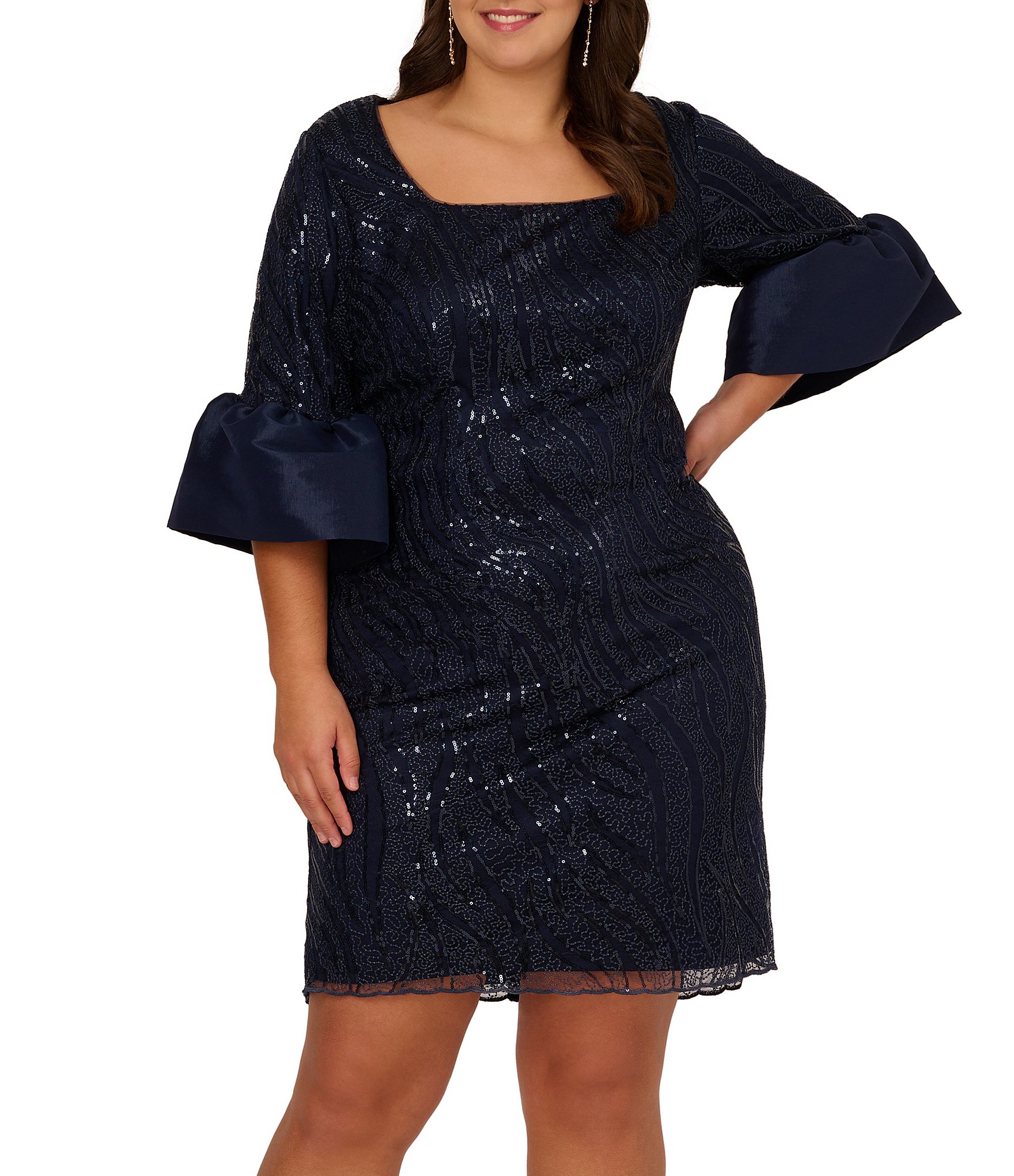 Adrianna Papell Plus Size Square Neck 34 Bell Sleeve Sequin Embroidered Dress Dillards 8051