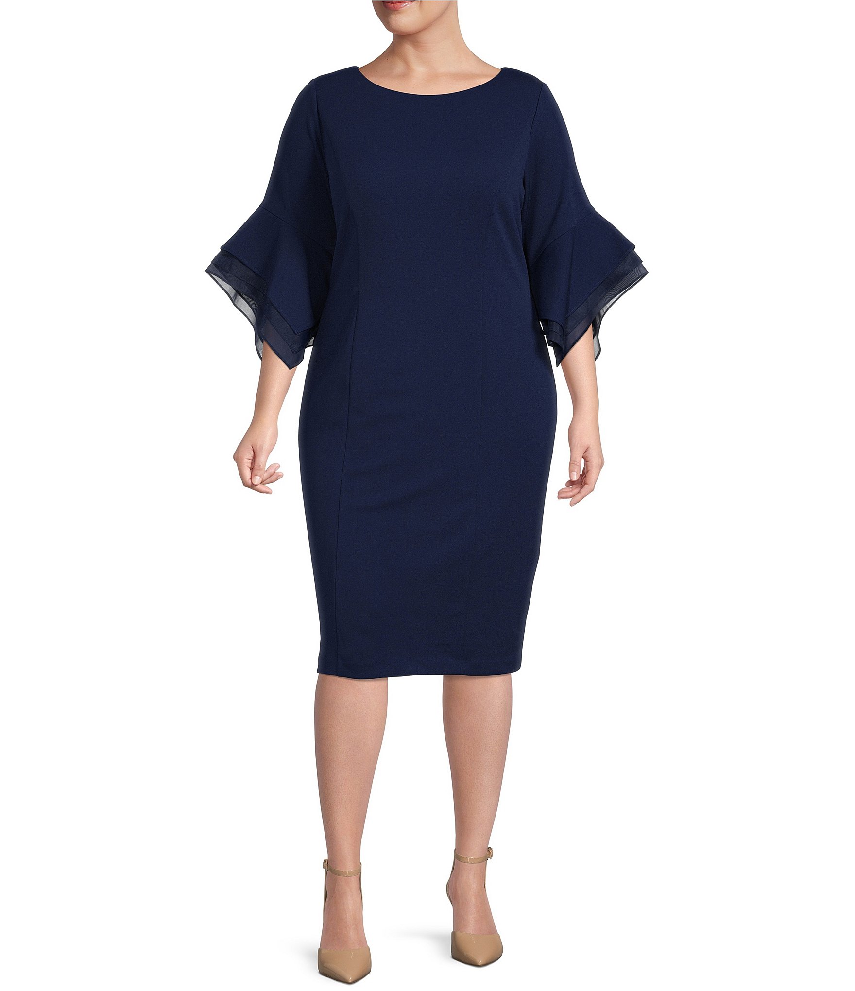 Calvin Klein Plus Size 3/4 Sleeve Asymmetrical Neck Belted Scuba Crepe  Dress