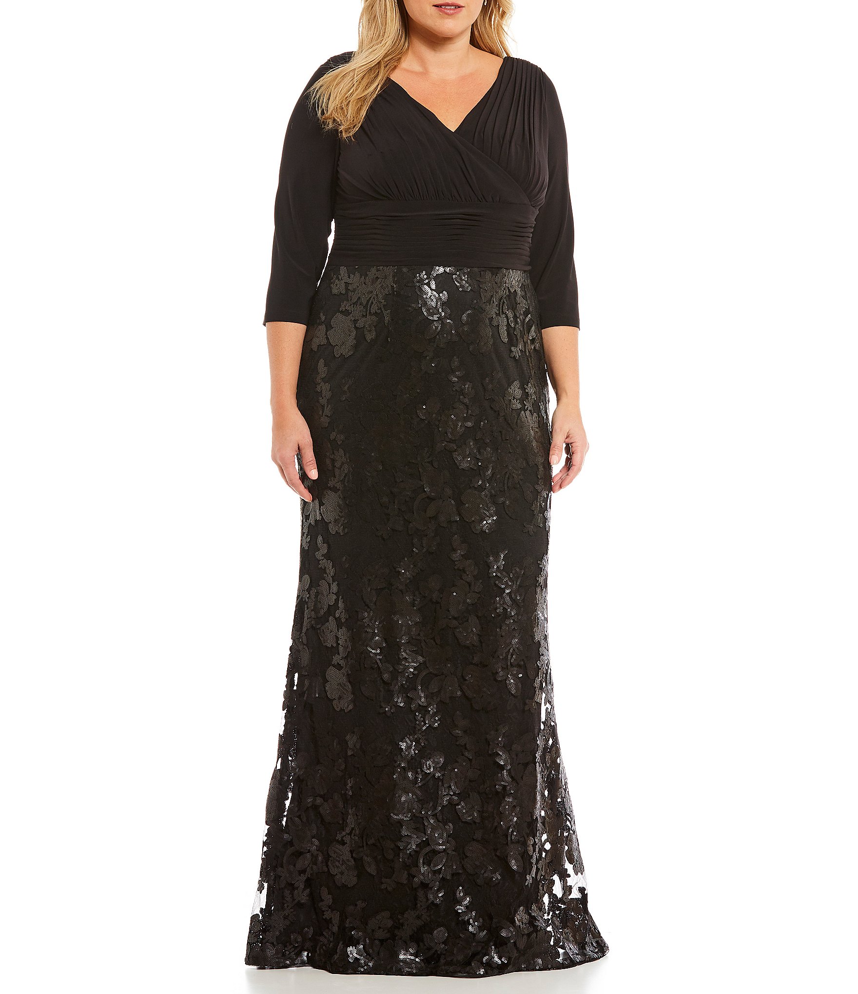 Adrianna Papell Plus V-Neck Sequined-Lace Gown | Dillards