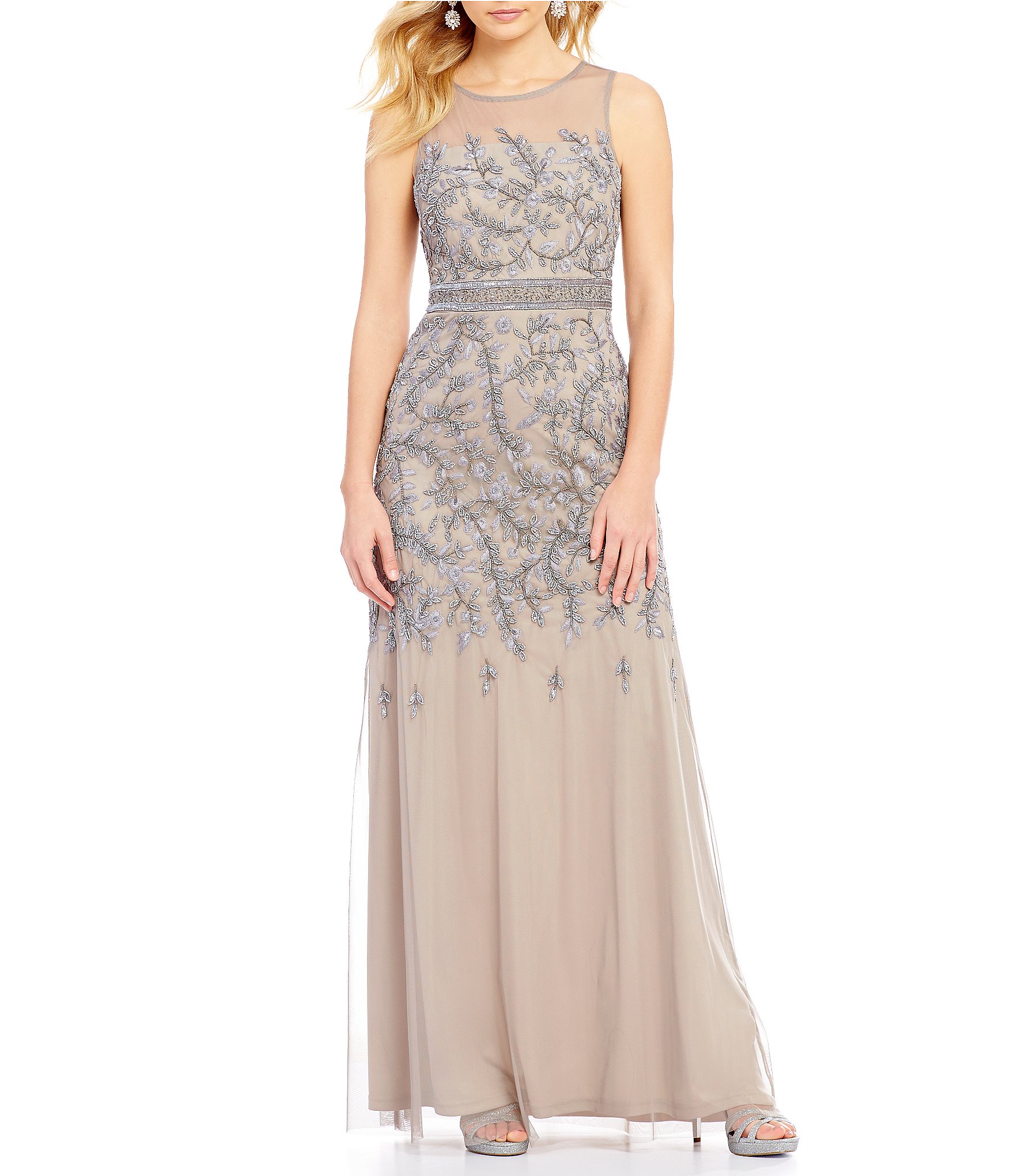 Adrianna Papell Rounded Neck Sleeveless Beaded Gown | Dillards