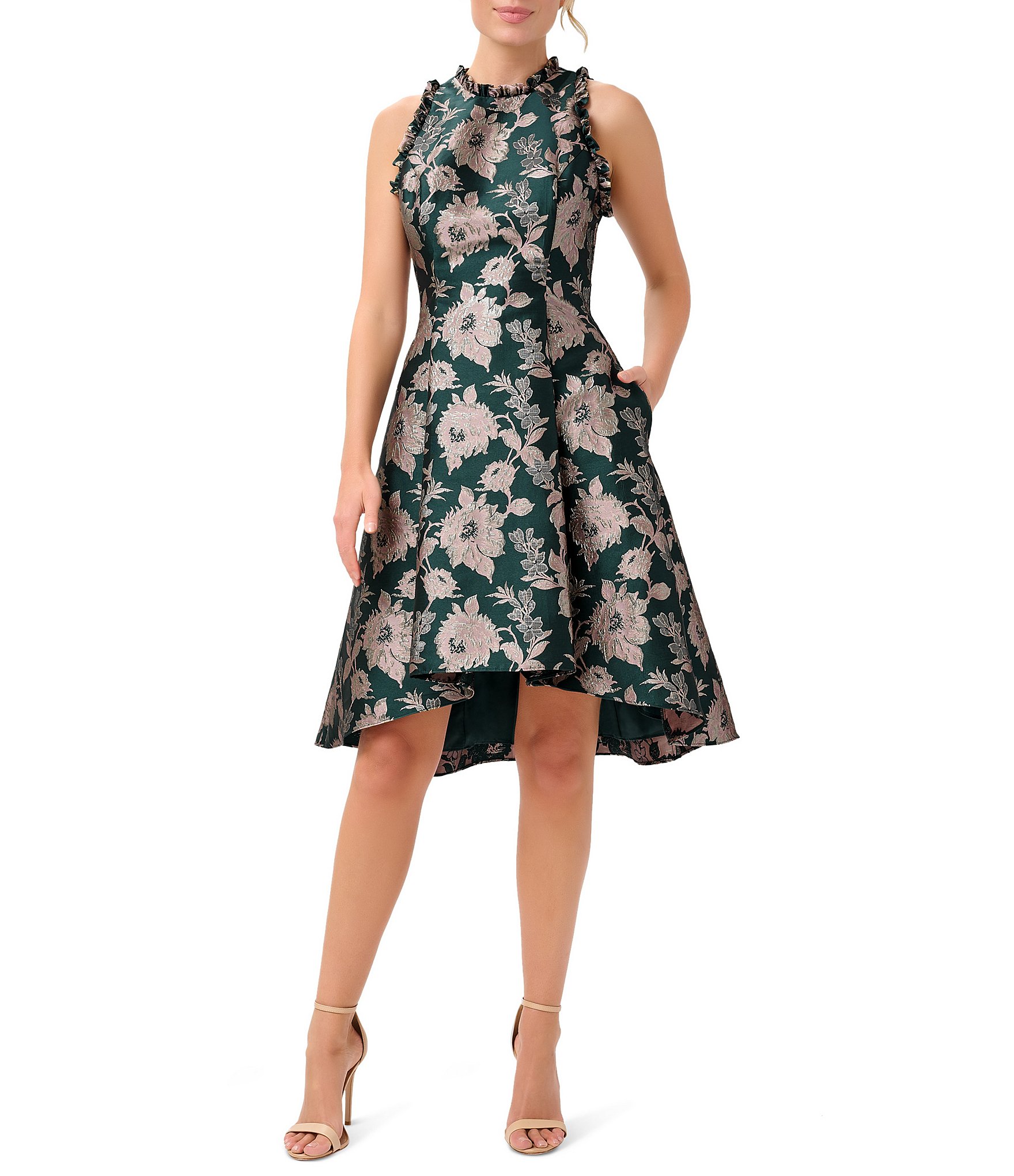 Adrianna Papell Ruffle Trim Mock Neck Metallic Floral Print Side Pocket  High-Low Jacquard Dress