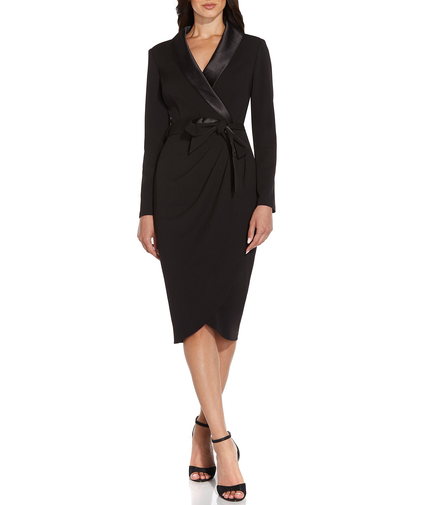 Adrianna Papell Satin Lapel Long Sleeve Wrap Tuxedo Dress | Dillard's