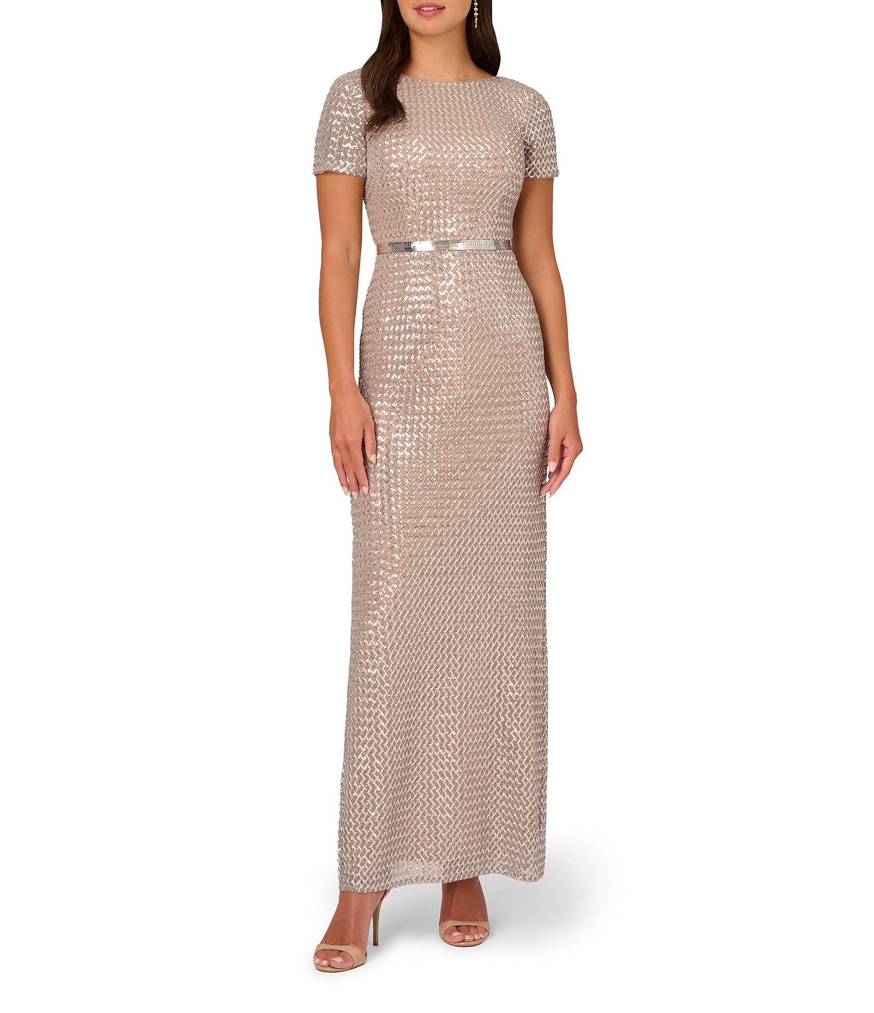 Adrianna Papell Sequin Beaded Mesh Crew Neck Short Sleeve Metallic Belt  V-Back Gown | Dillard's