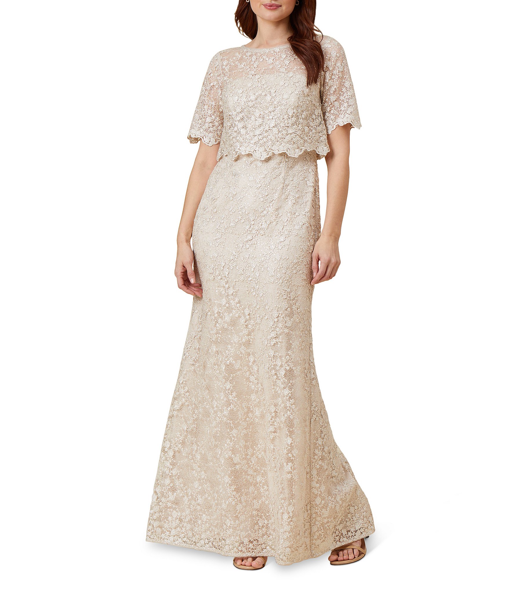 Adrianna Papell Sequin Lace Popover Short Sleeve Gown Dillard s