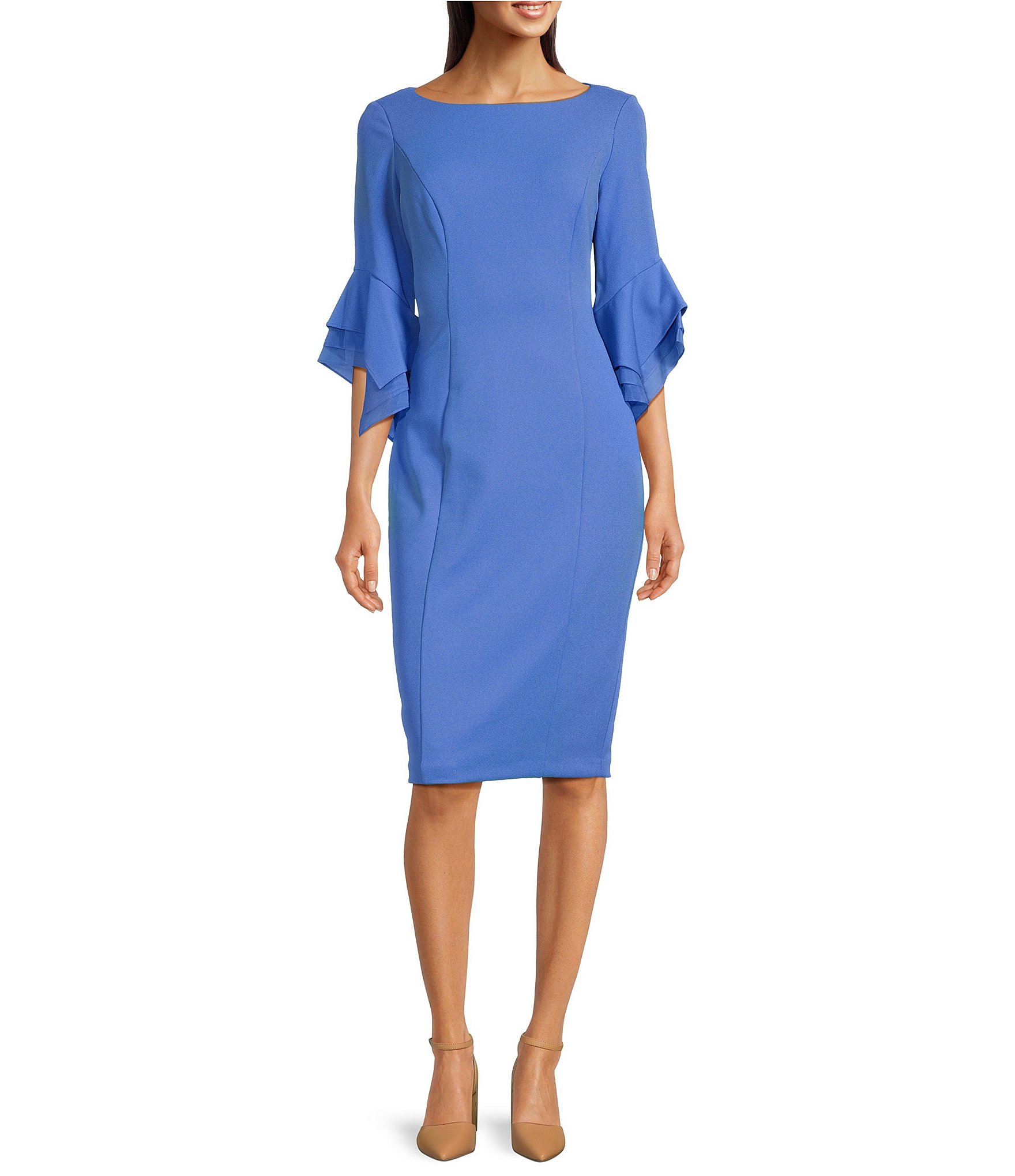 Adrianna Papell Stretch Crepe 3/4 Bell Sleeve Boat Neck Sheath Dress ...