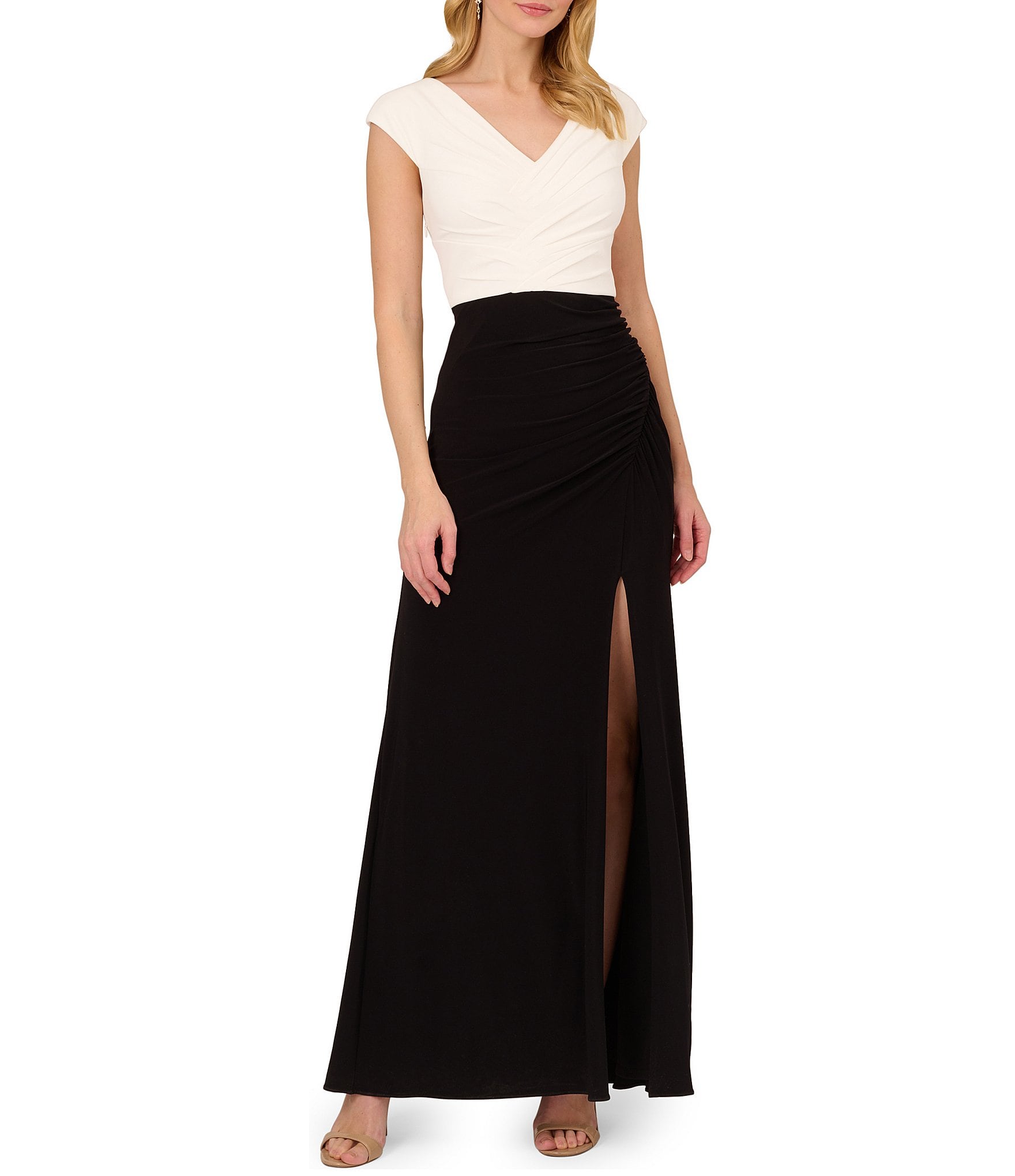 Adrianna Papell Stretch Jersey Pleated V Neck Cap Sleeve Gown