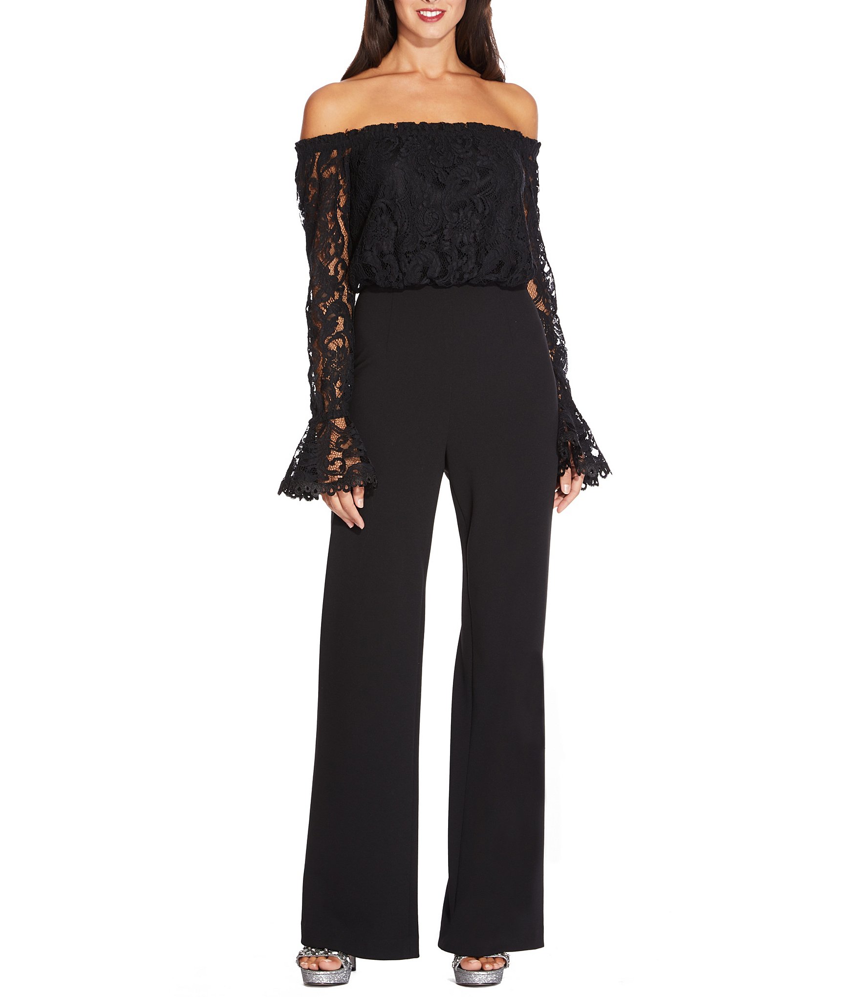 Adrianna Papell Stretch Lace Off the Shoulder Long Sleeve Jumpsuit