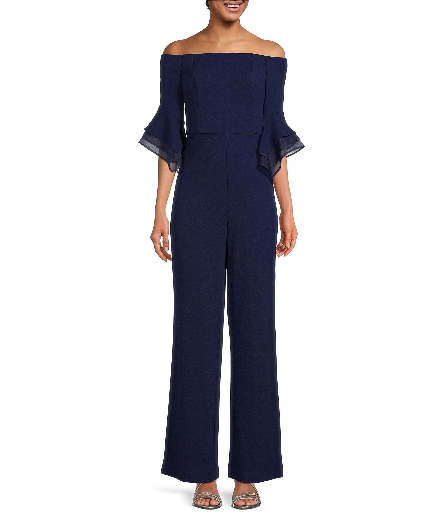 Adrianna Papell Stretch Off the Shoulder 3/4 Sleeve Jumpsuit | Dillard's