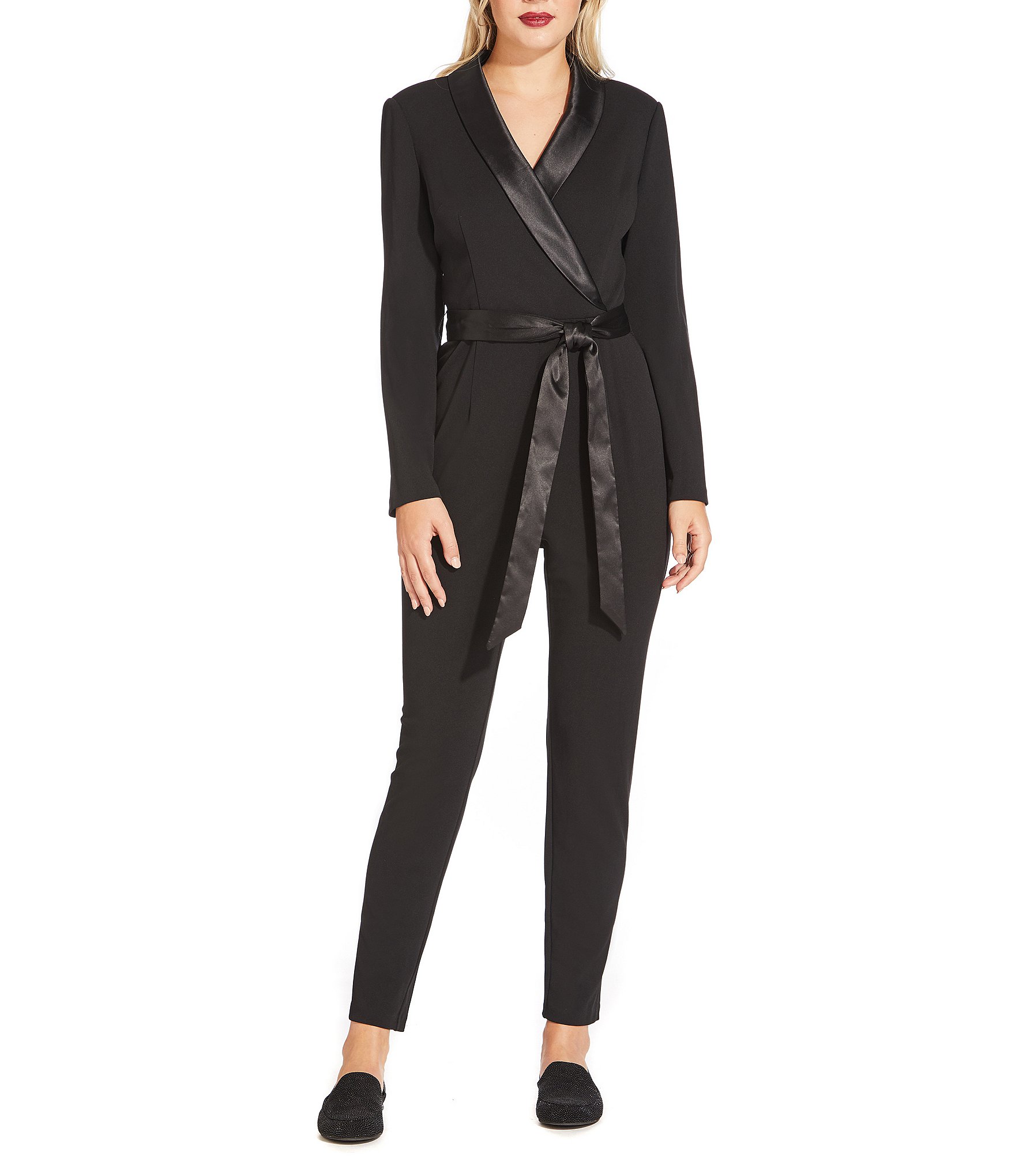 Adrianna Papell Stretch Shawl Collar Neck Long Sleeve Tuxedo Jumpsuit ...