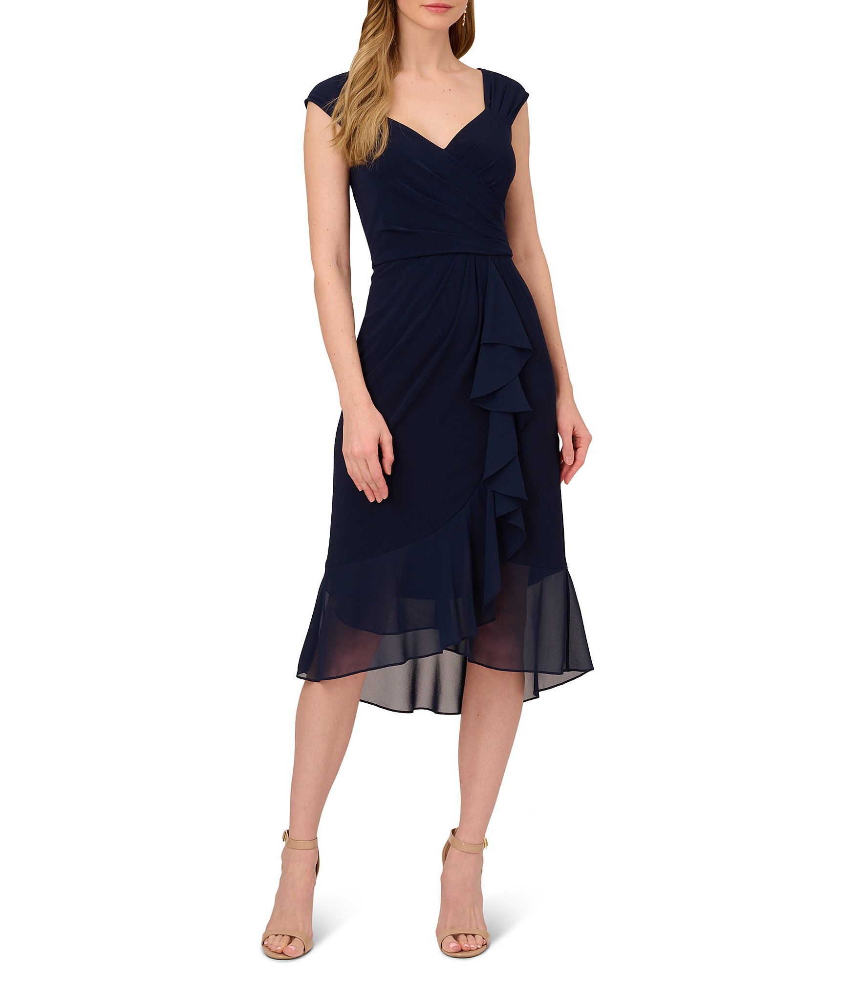 Adrianna Papell Stretch Sweetheart Neck Cap Sleeve Cascading Ruffle Midi Dress Dillards 0208