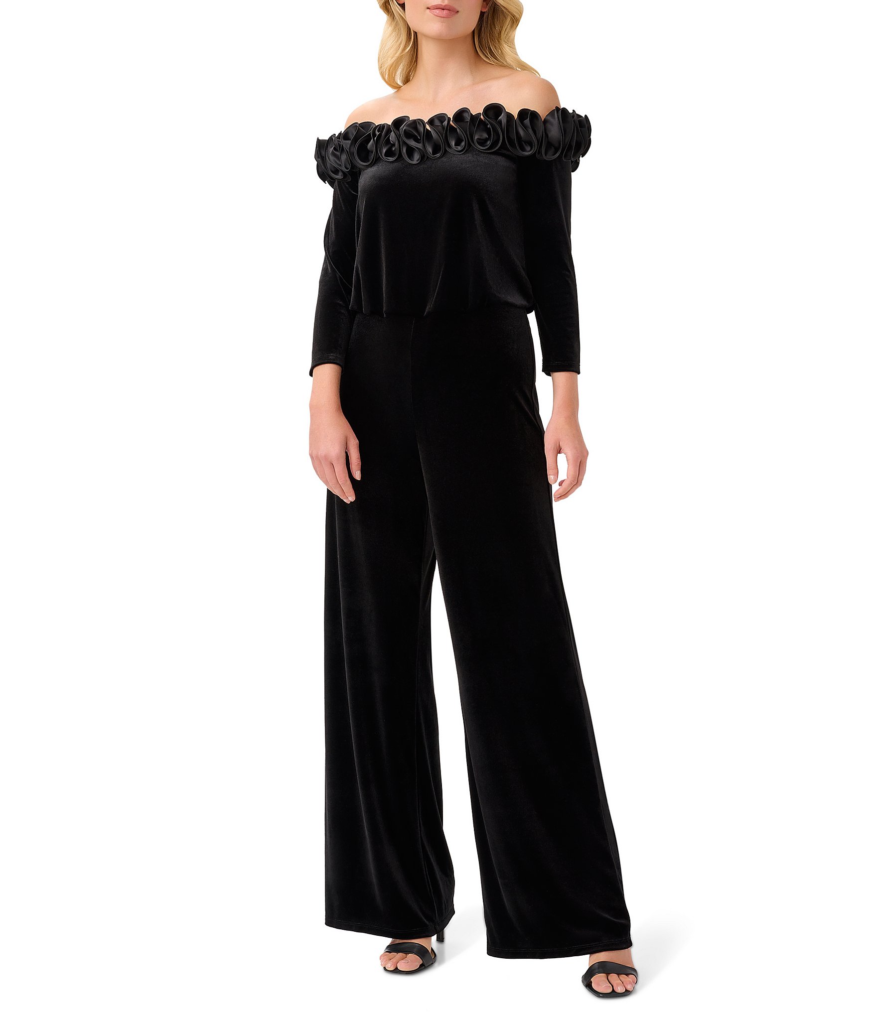 Adrianna Papell Ruffle Off-the-Shoulder 3/4 Sleeve Jersey Jumpsuit