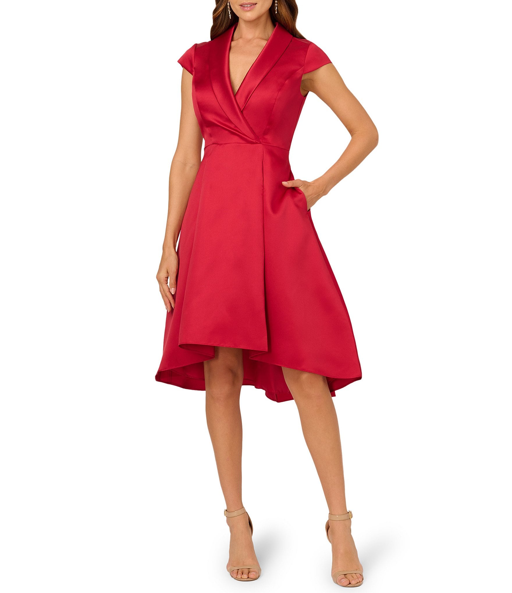 Adrianna Papell Tuxedo Collar V Neckline Cap Sleeve Hi Lo Fit and Flare Dress