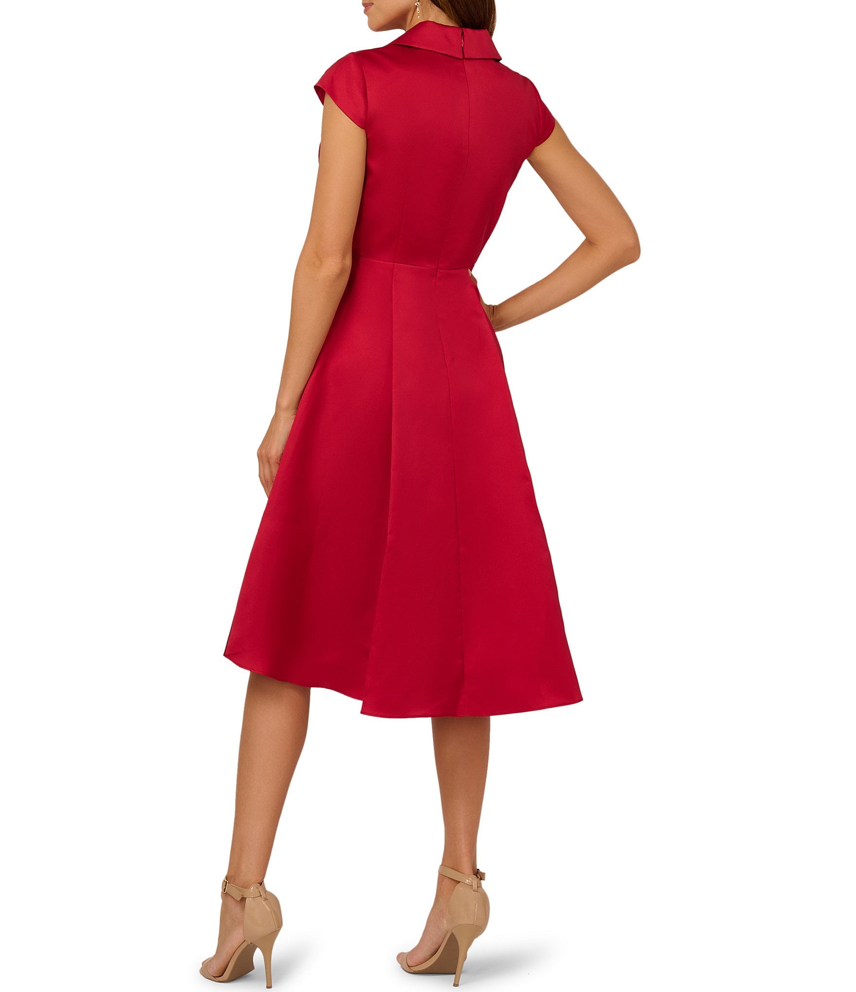 Adrianna Papell Tuxedo Collar V Neckline Cap Sleeve Hi Lo Fit and Flare Dress