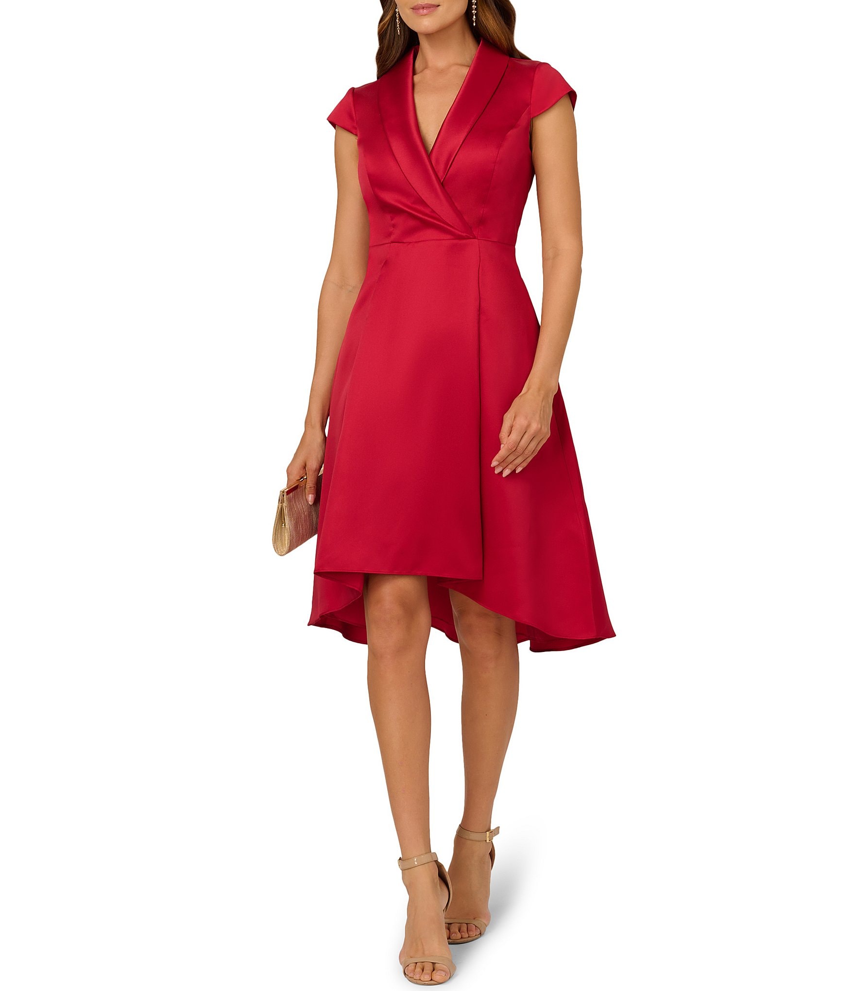 Adrianna Papell Tuxedo Collar V Neckline Cap Sleeve Hi Lo Fit and Flare Dress