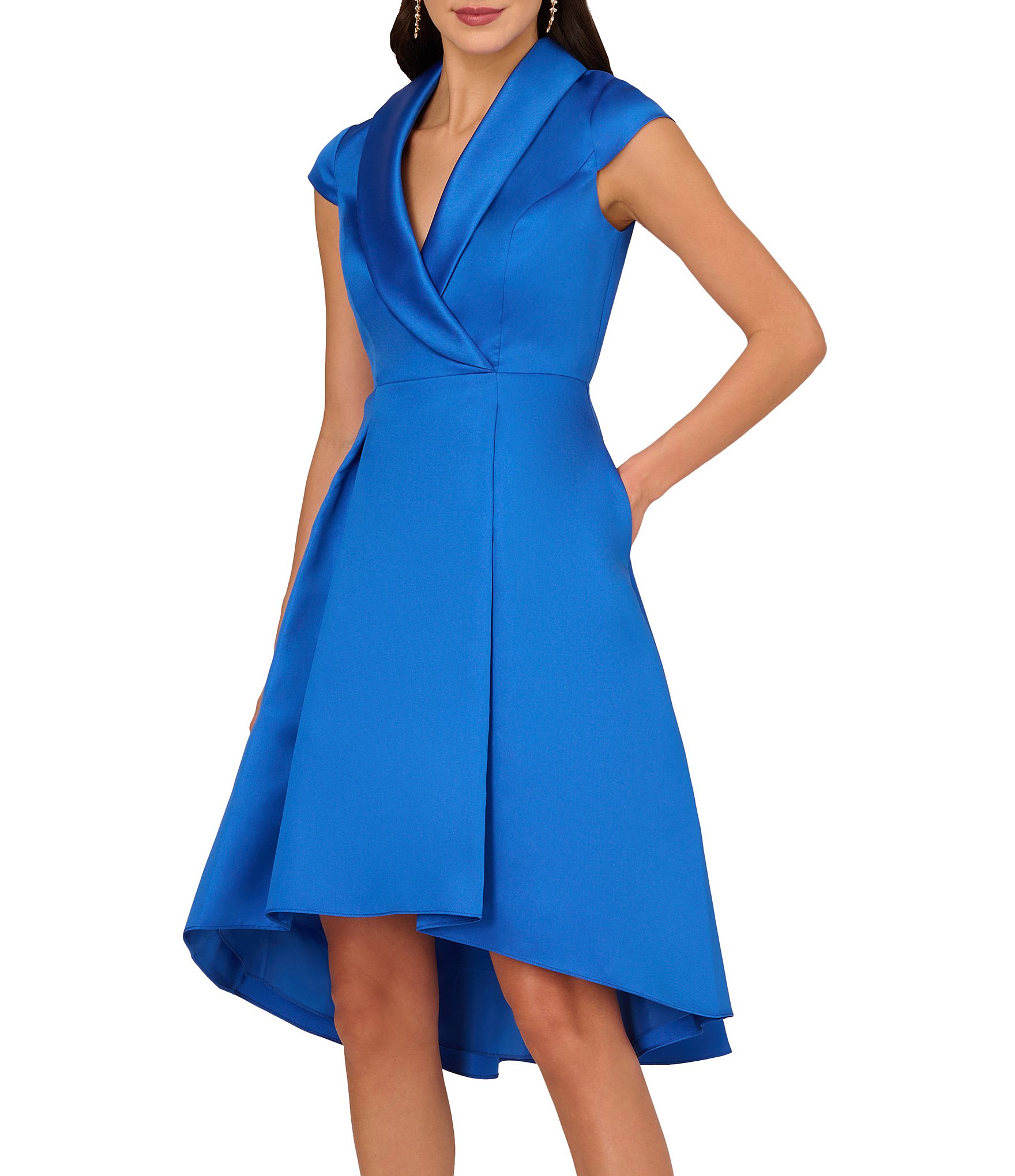 Adrianna Papell Tuxedo Collar V Neckline Cap Sleeve Hi Lo Fit and Flare Dress Dillard s