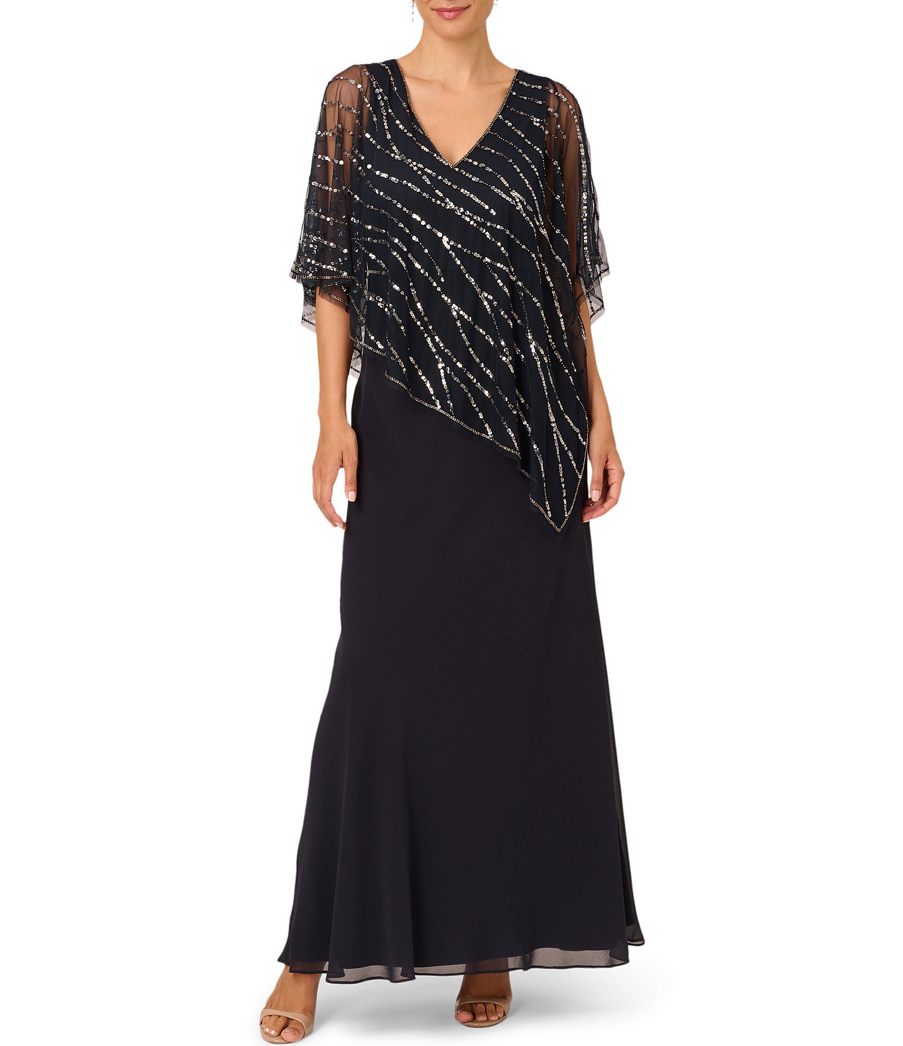 Adrianna Papell V-Neck Sequin Beaded Popover Dress | Dillard's