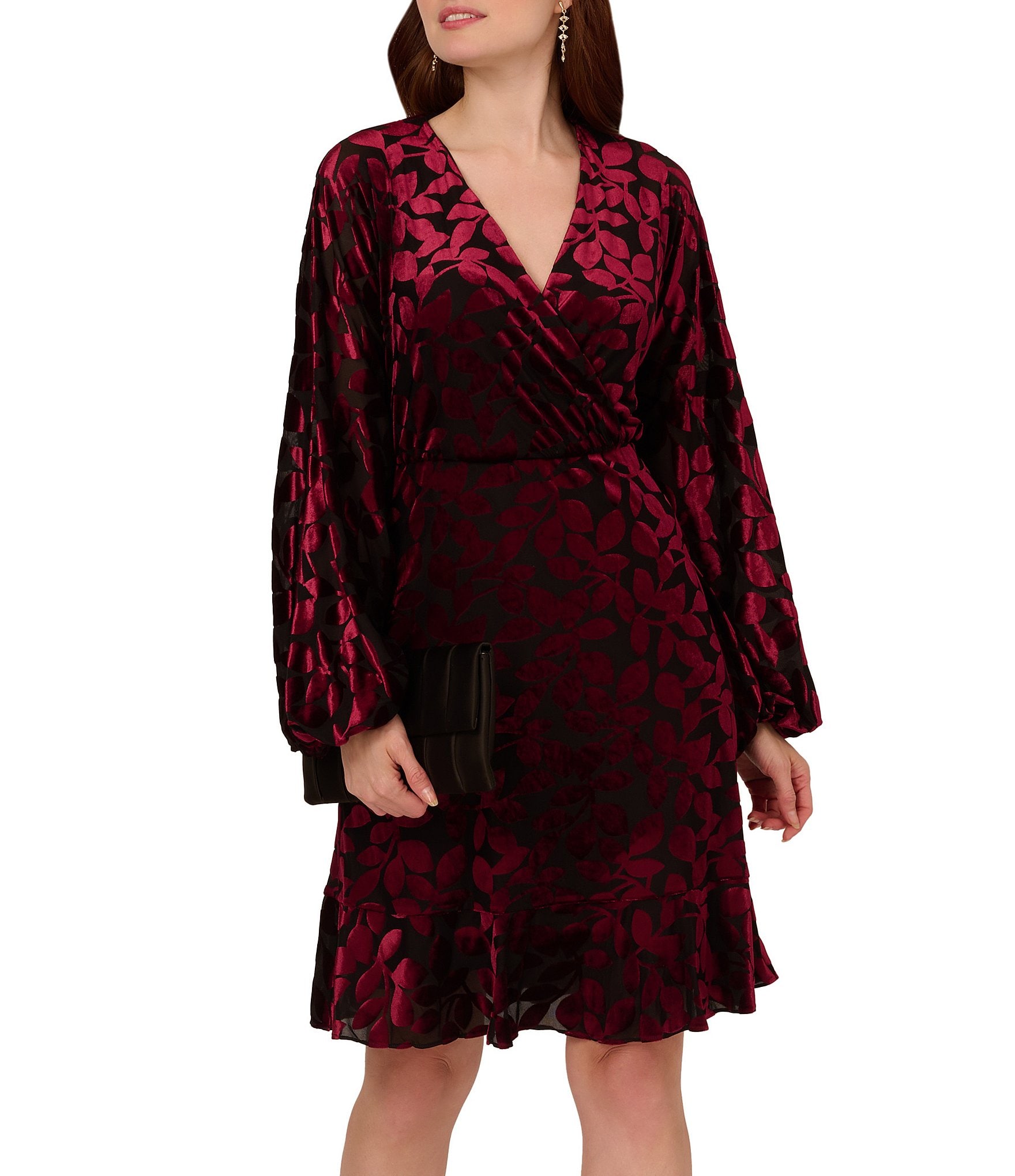 Adrianna Papell Velvet Burnout Surplice V Neck Long Sleeve Faux Wrap Mini Dress Dillard s