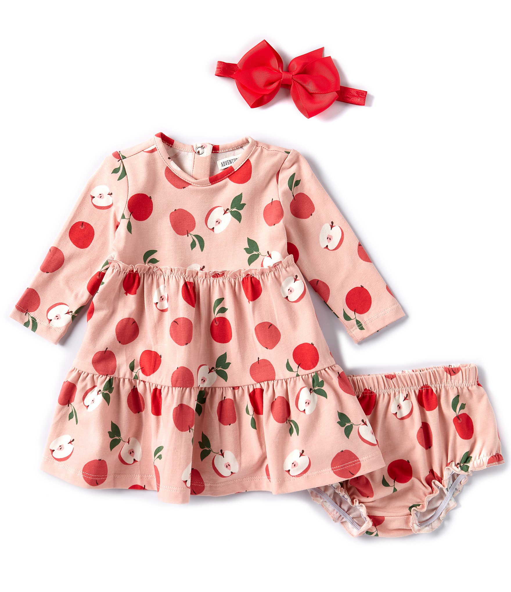 Adventurewear 360 Baby Girls 3-24 Months Round Neck Long Sleeve Apple Print Dress