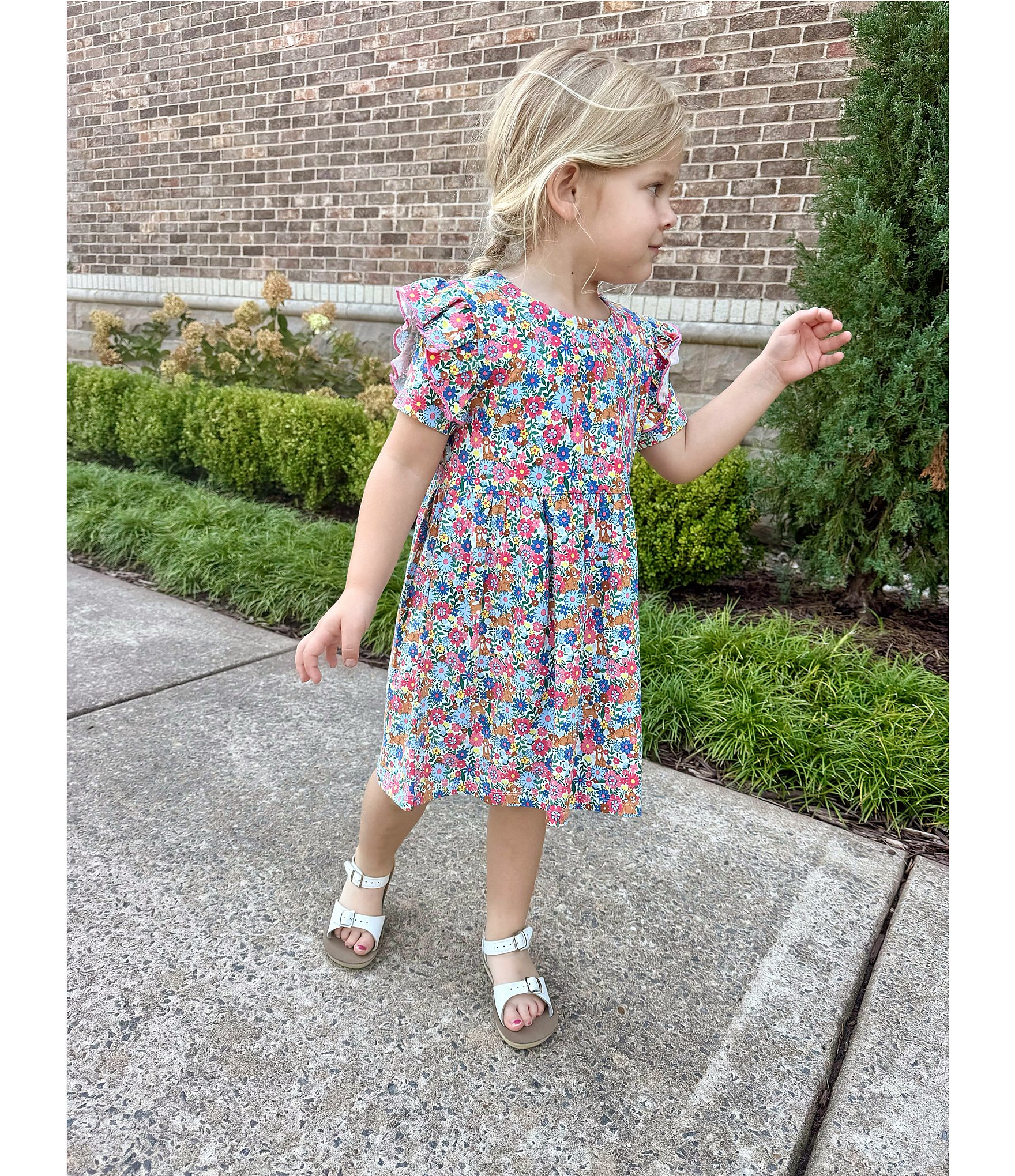 Adventurewear 360 Little Girls 2T-6X Puppy Floral Print Round Neck Cap Sleeve Shift Dress