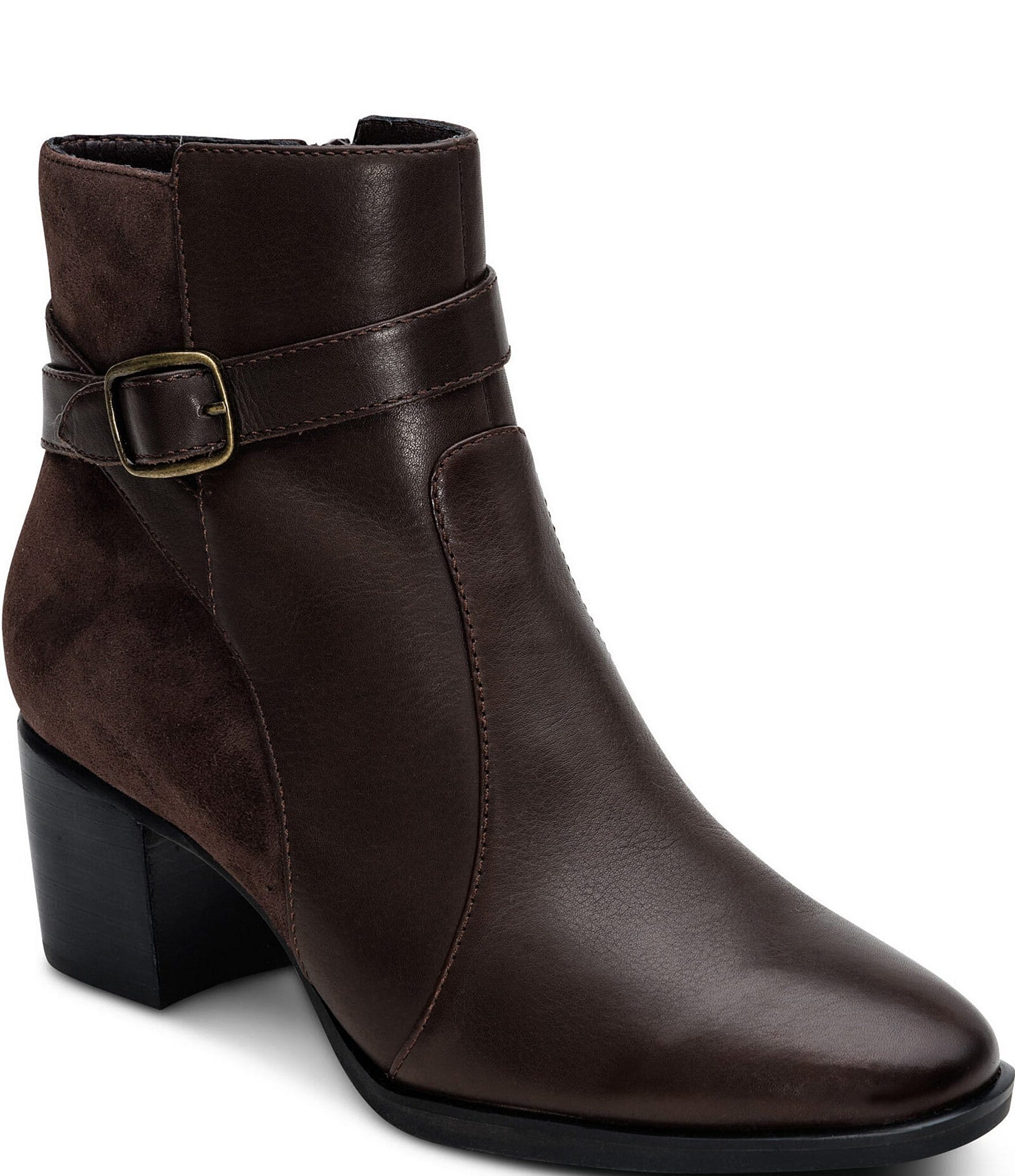 Aetrex Rebecca Leather and Suede Buckle Strap Block Heel Booties