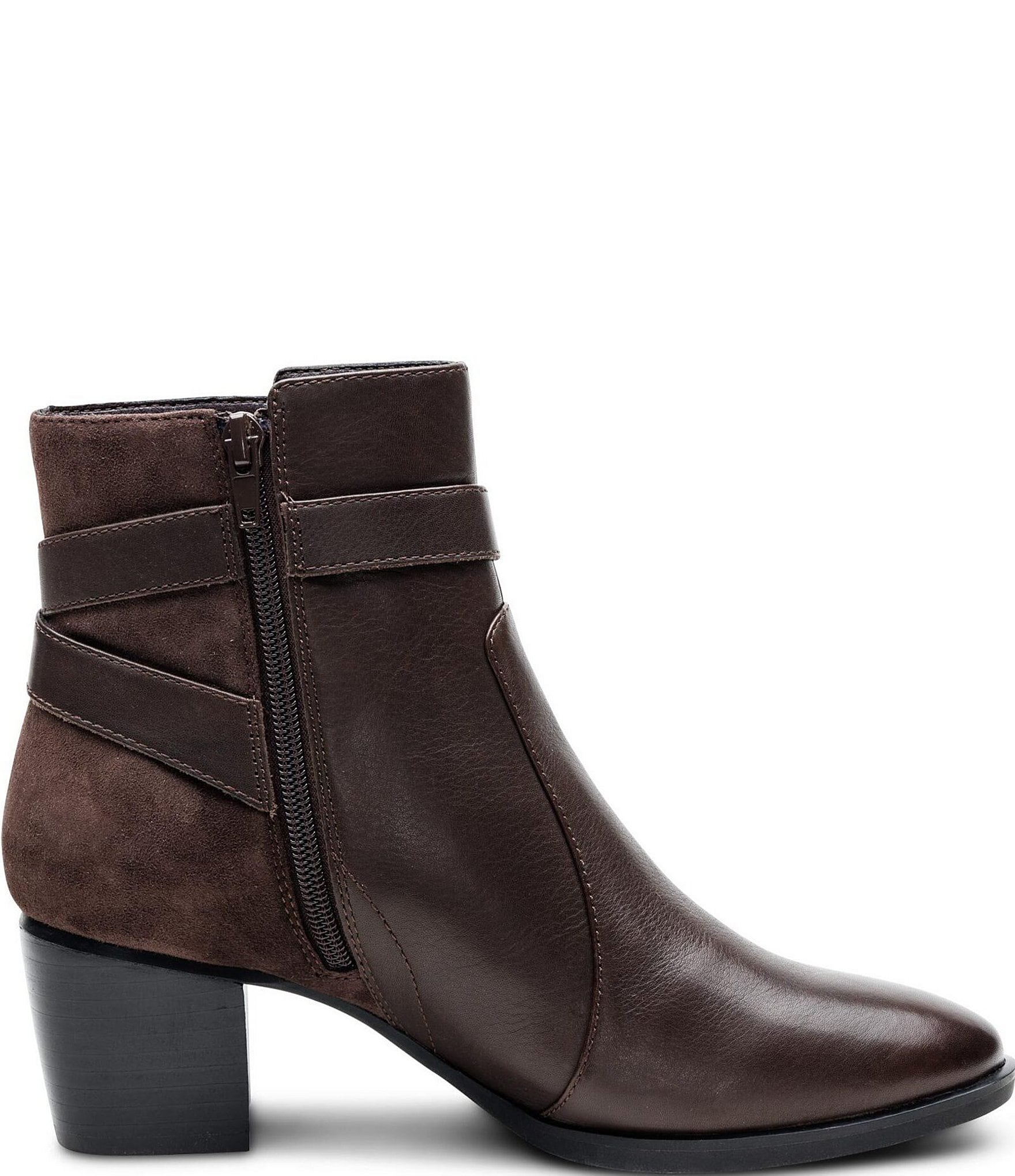 Aetrex Rebecca Leather and Suede Buckle Strap Block Heel Booties