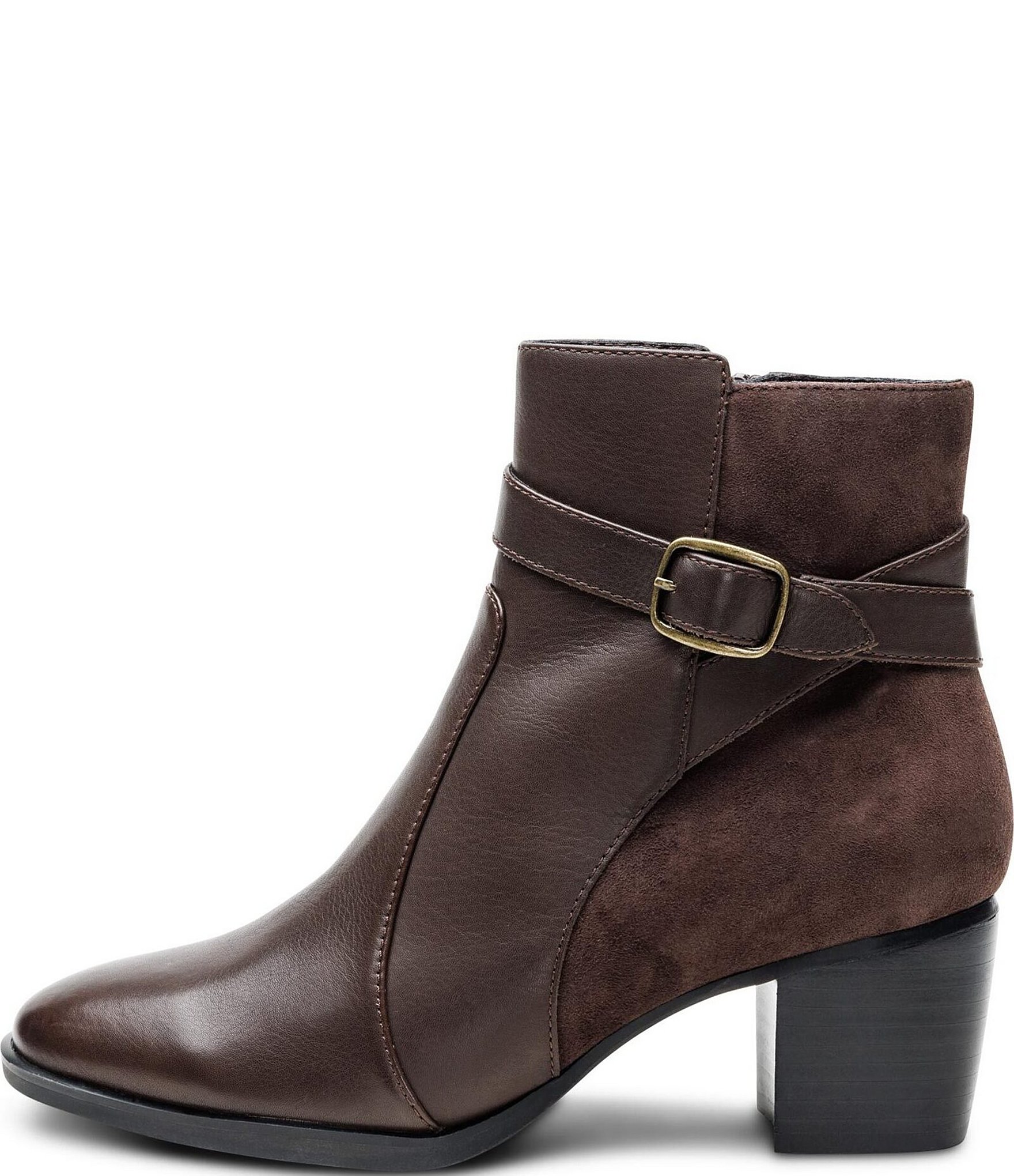 Aetrex Rebecca Leather and Suede Buckle Strap Block Heel Booties