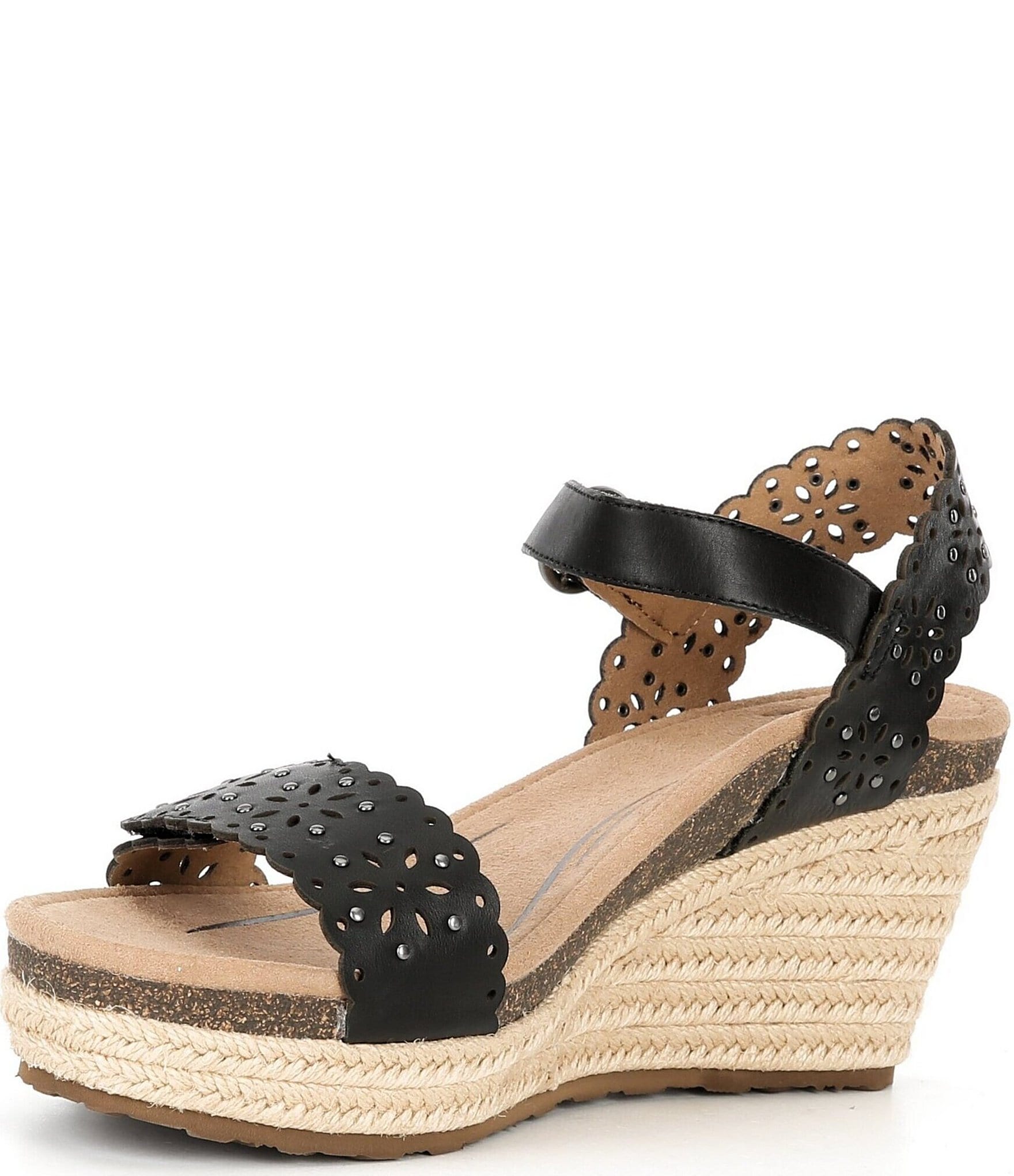 Aetrex Sydney Floral Perforated Leather Espadrille Platform Wedge Sandals