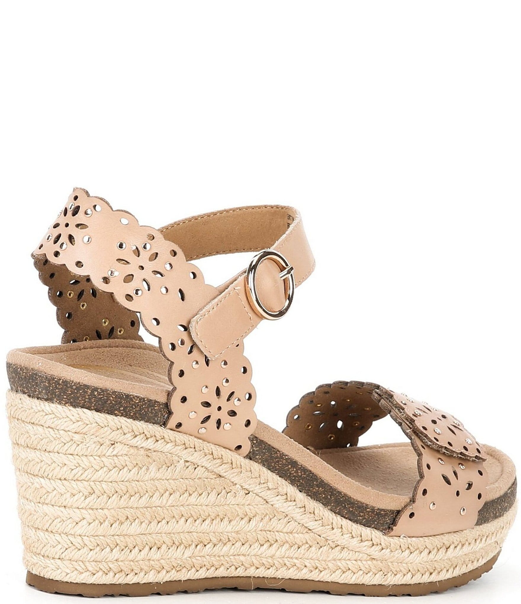 Aetrex Sydney Floral Perforated Leather Espadrille Platform Wedge Sandals