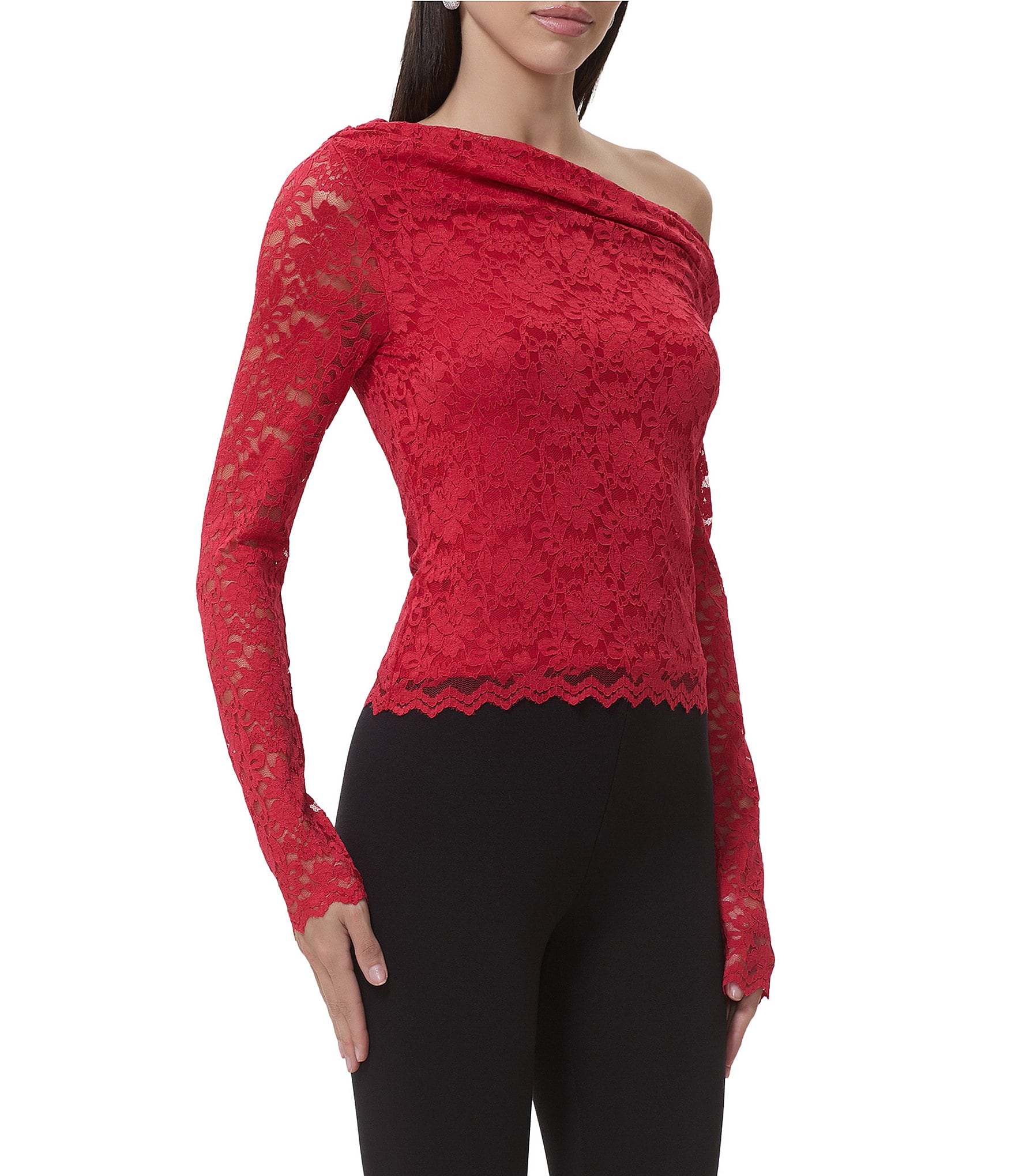 AFRM Barry Asymmetrical Neckline Long Sleeve Silken Lace Top