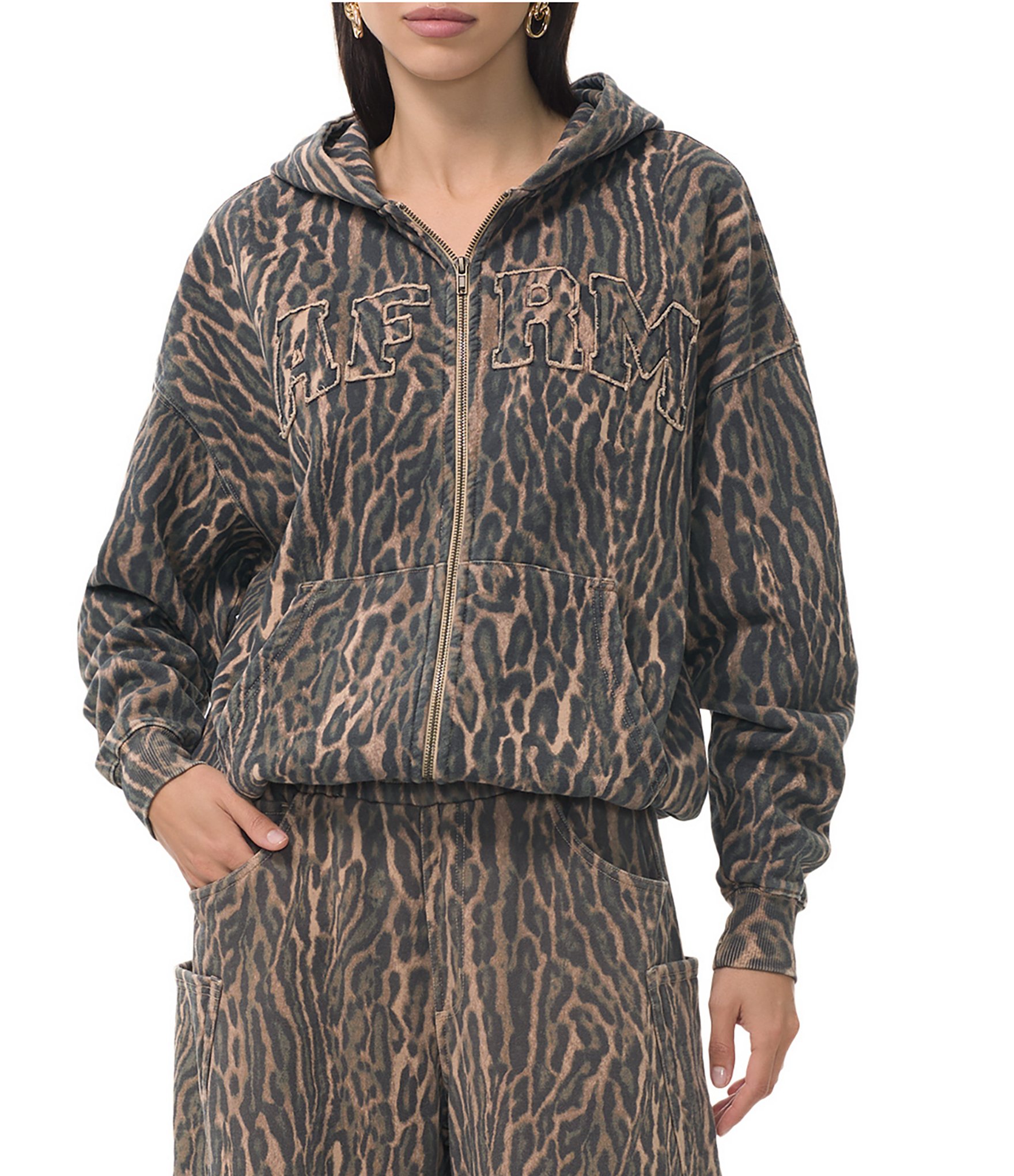 AFRM Cameron Coordinating Leopard Print Logo Zip Up Hoodie