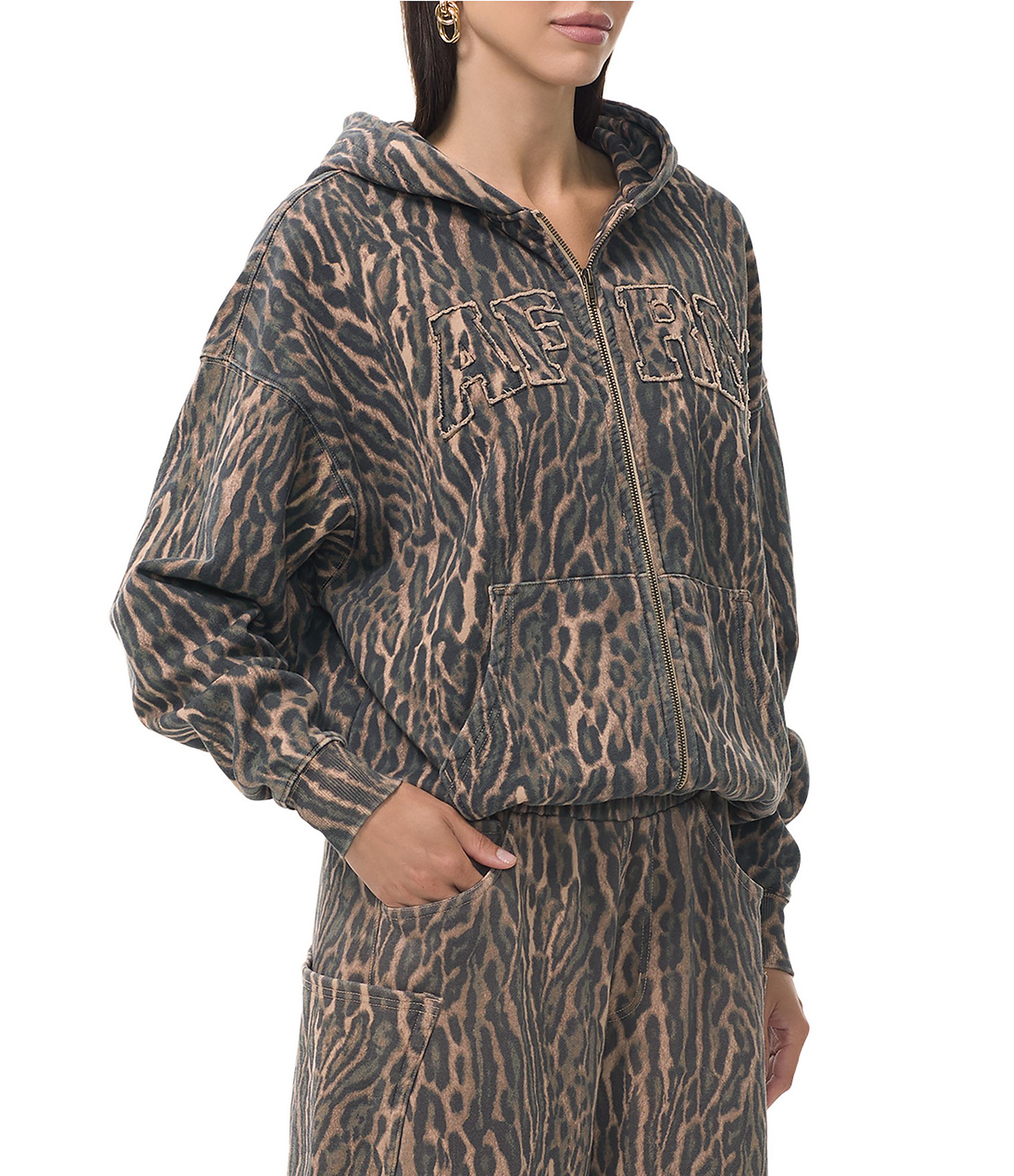 AFRM Cameron Coordinating Leopard Print Logo Zip Up Hoodie