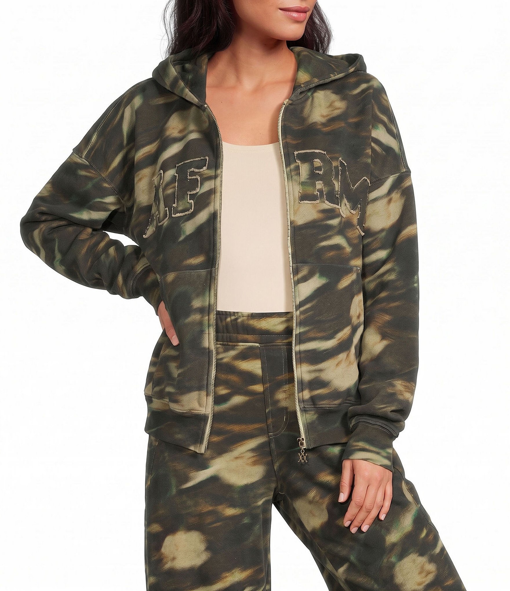 AFRM Cameron Coordinating Leopard Print Logo Zip Up Hoodie
