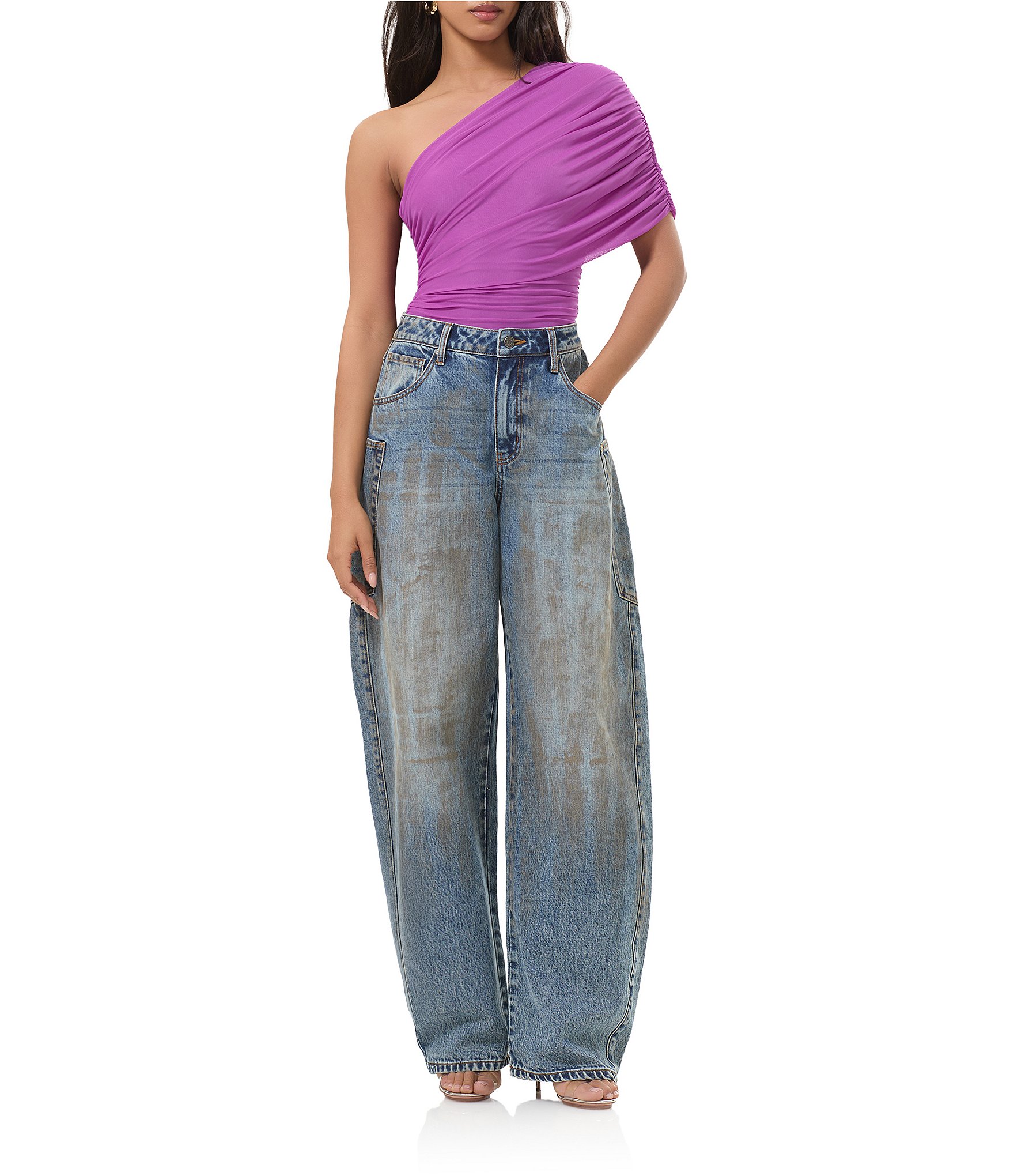 AFRM Campbell One Shoulder Drape Mesh Top