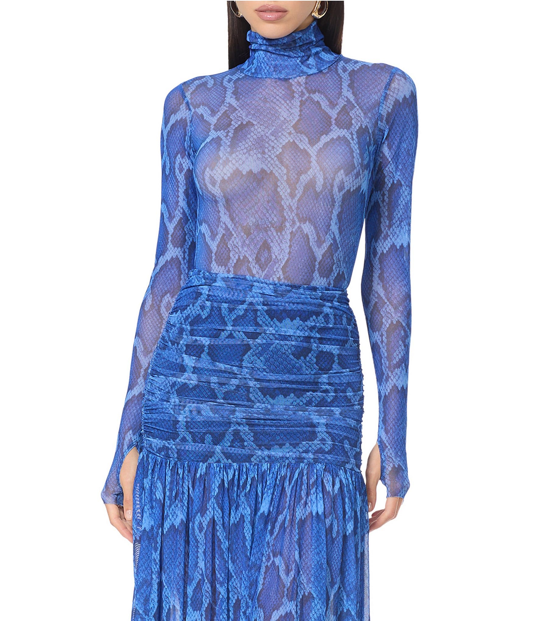 AFRM Coordinating Zadie Snake Printed Mock Neck Long Sleeve Mesh Top