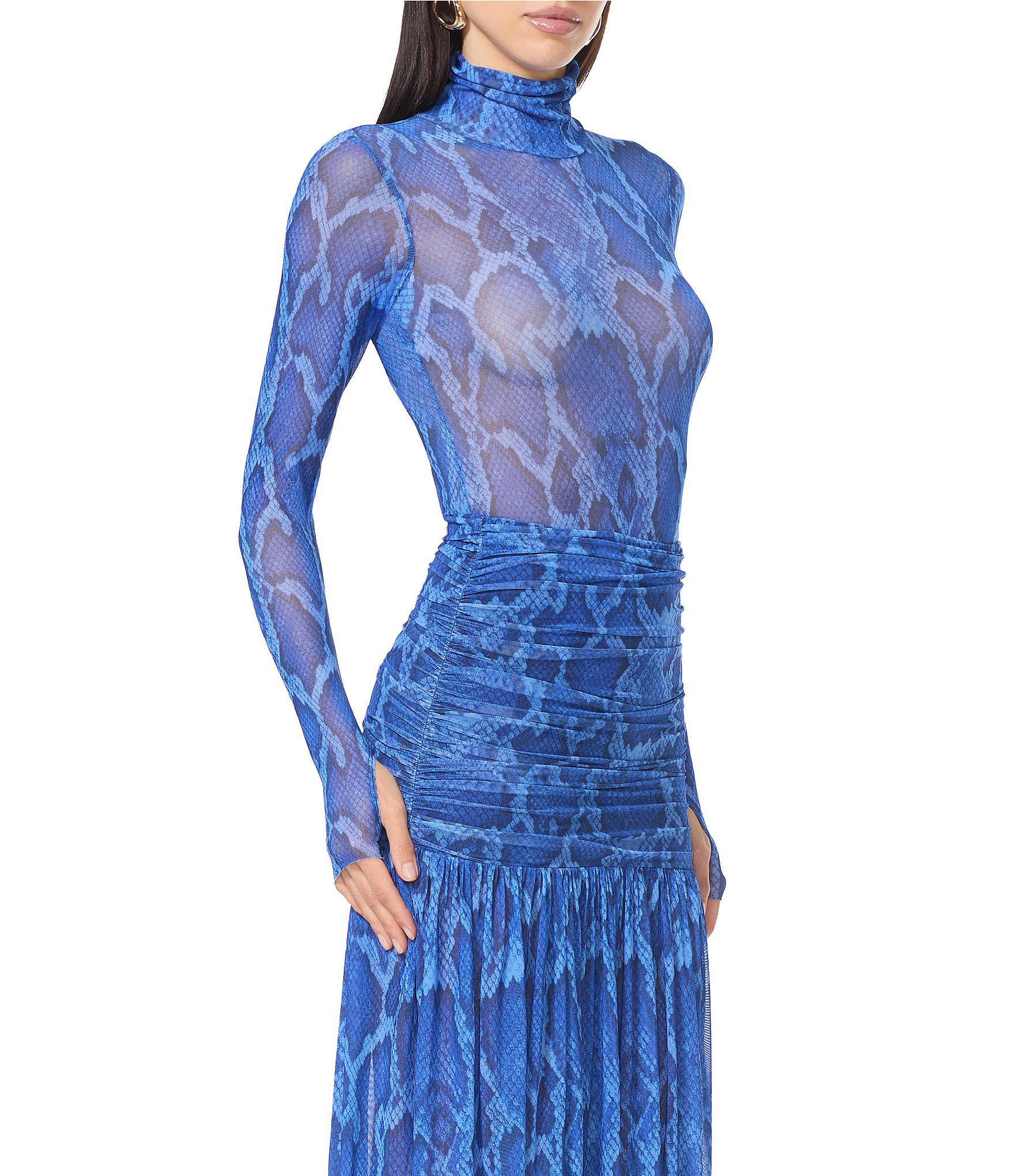AFRM Coordinating Zadie Snake Printed Mock Neck Long Sleeve Mesh Top