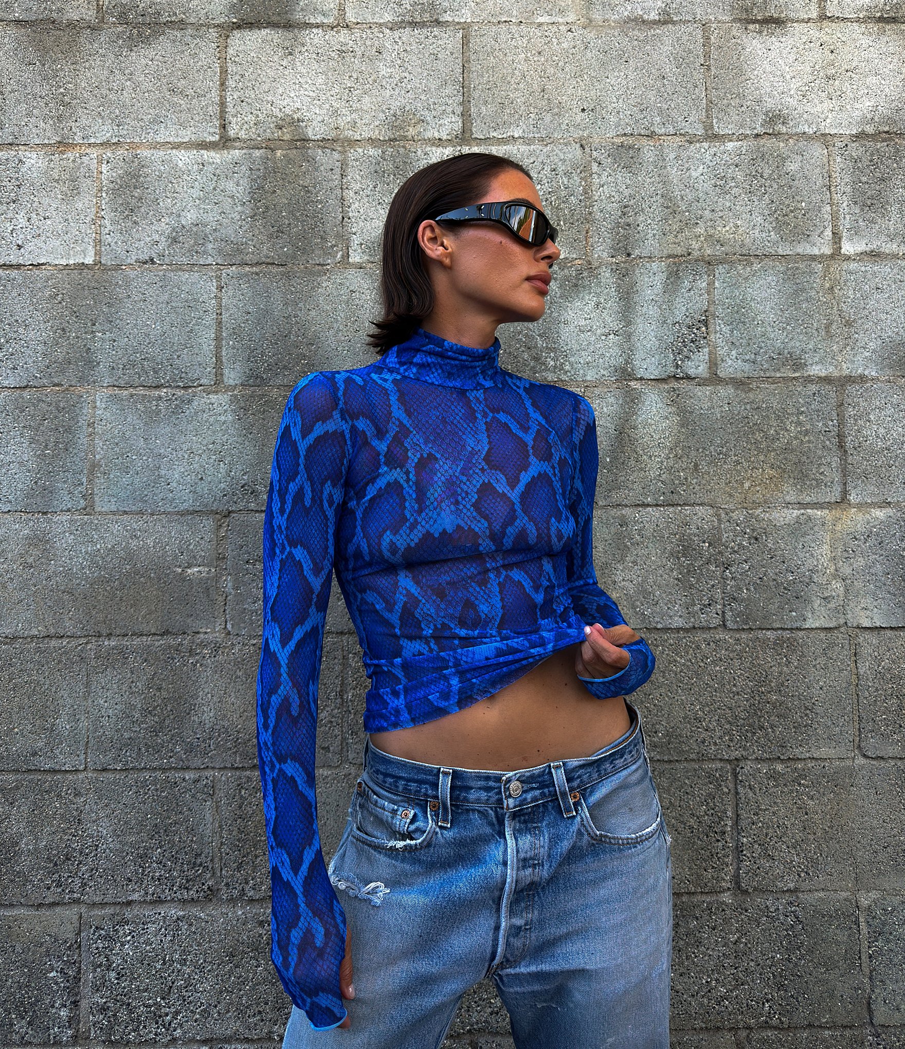 AFRM Coordinating Zadie Snake Printed Mock Neck Long Sleeve Mesh Top