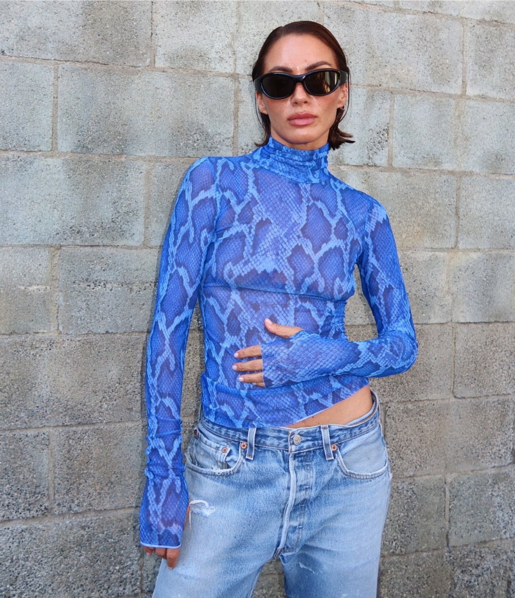 AFRM Coordinating Zadie Snake Printed Mock Neck Long Sleeve Mesh Top