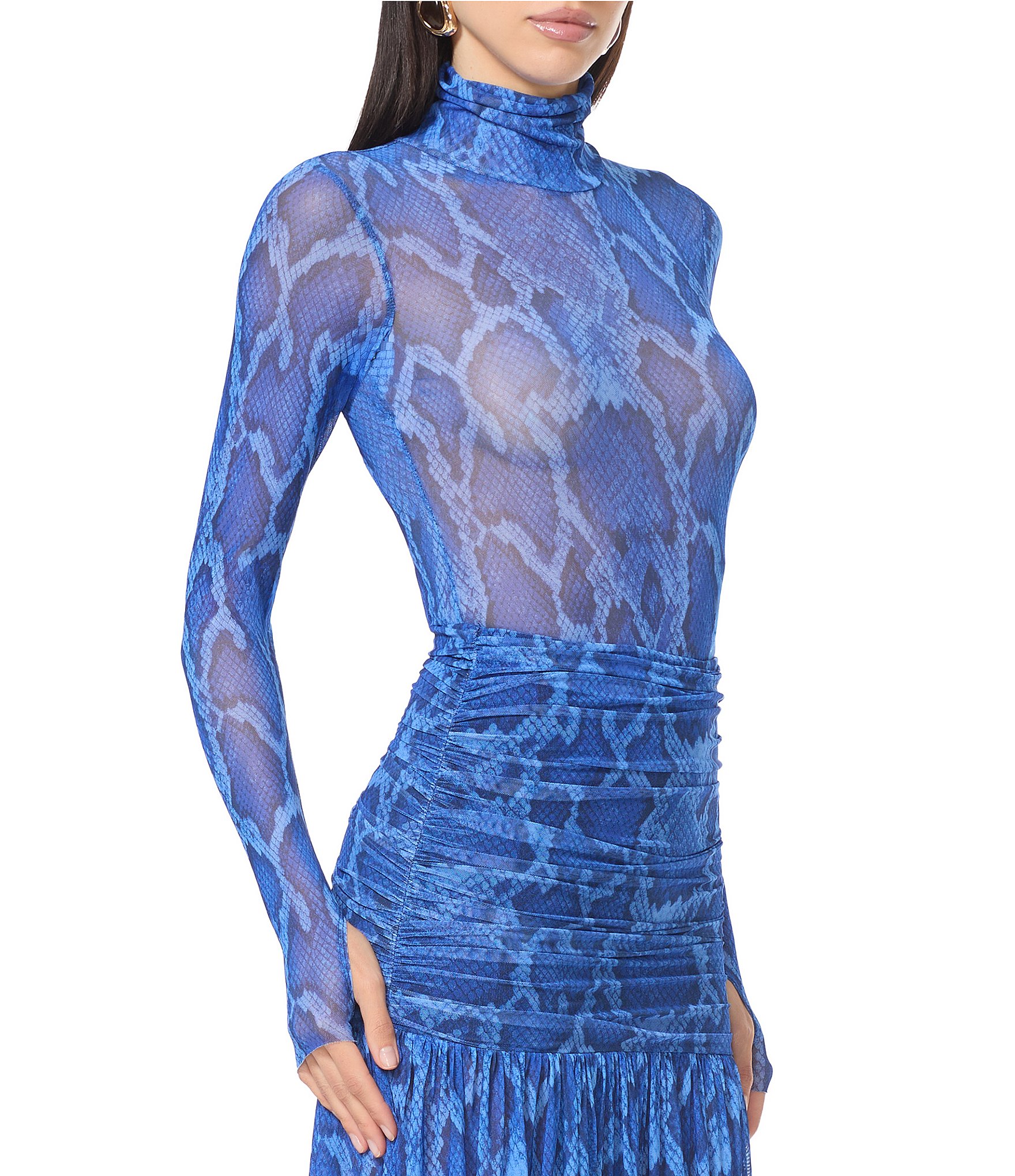 AFRM Coordinating Zadie Snake Printed Mock Neck Long Sleeve Mesh Top