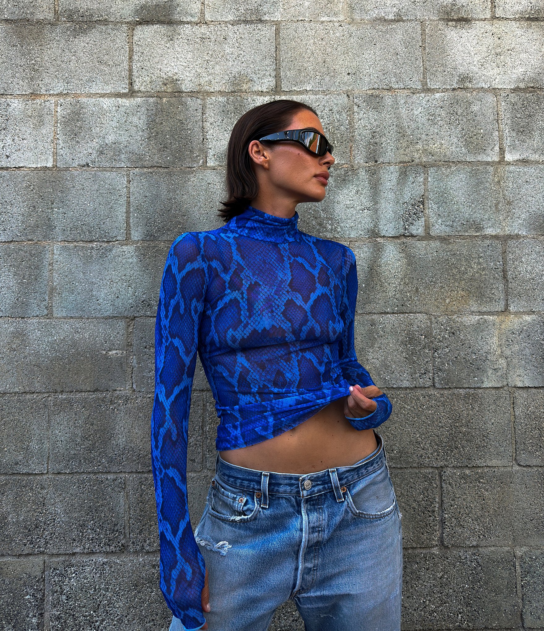AFRM Plus Size Zadie Snake Print Mock Neck Long Sleeve Mesh Top